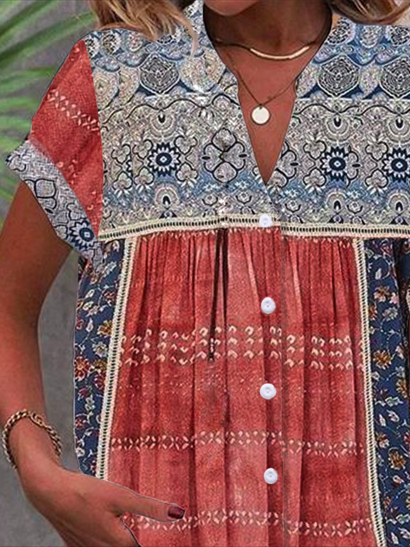 Random Print Short Sleeve Shirt Summer Notched Daily Casual Top