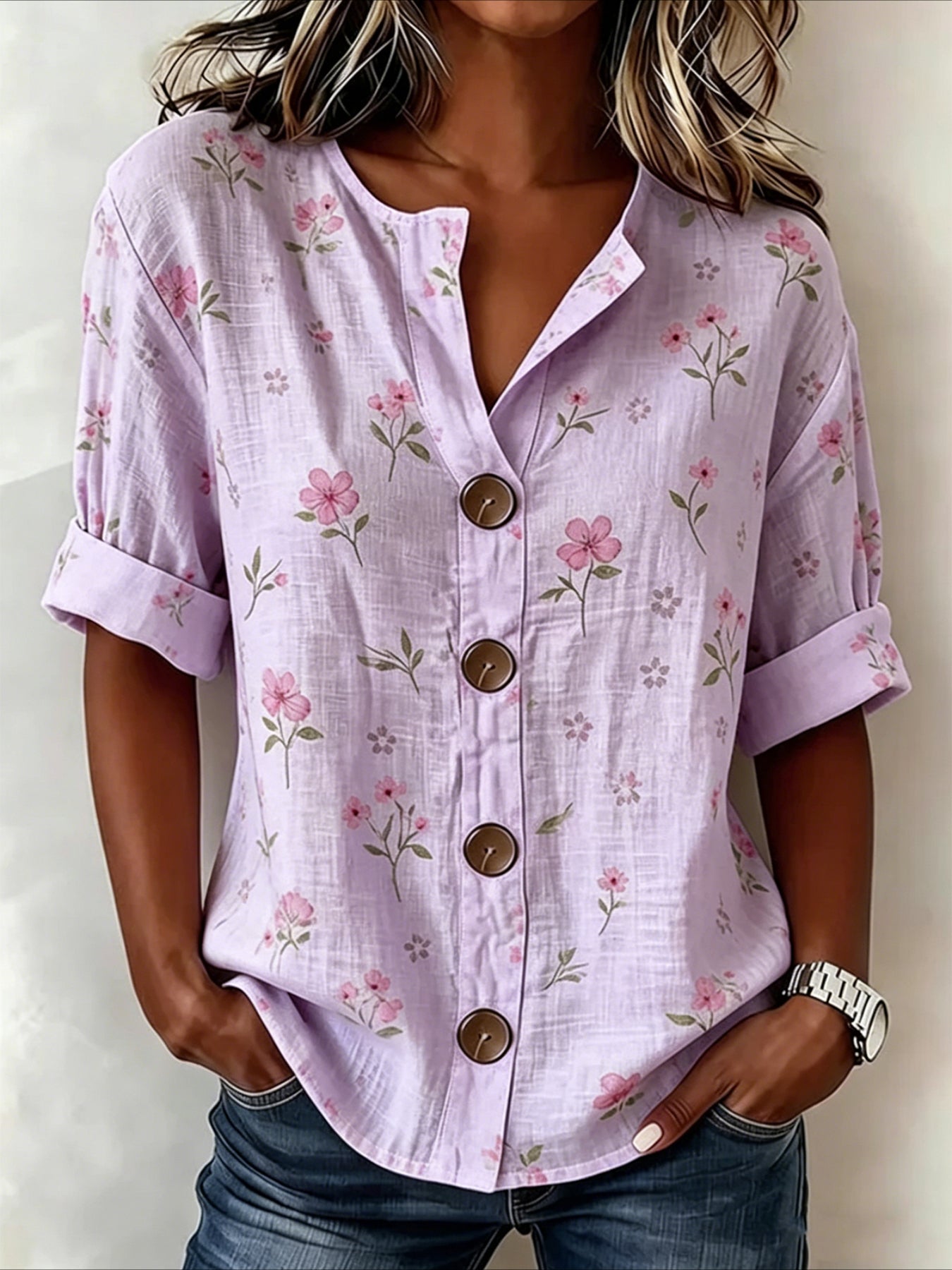 Floral Loose Stand Collar Simple Linen Blend Long Sleeve Shirt
