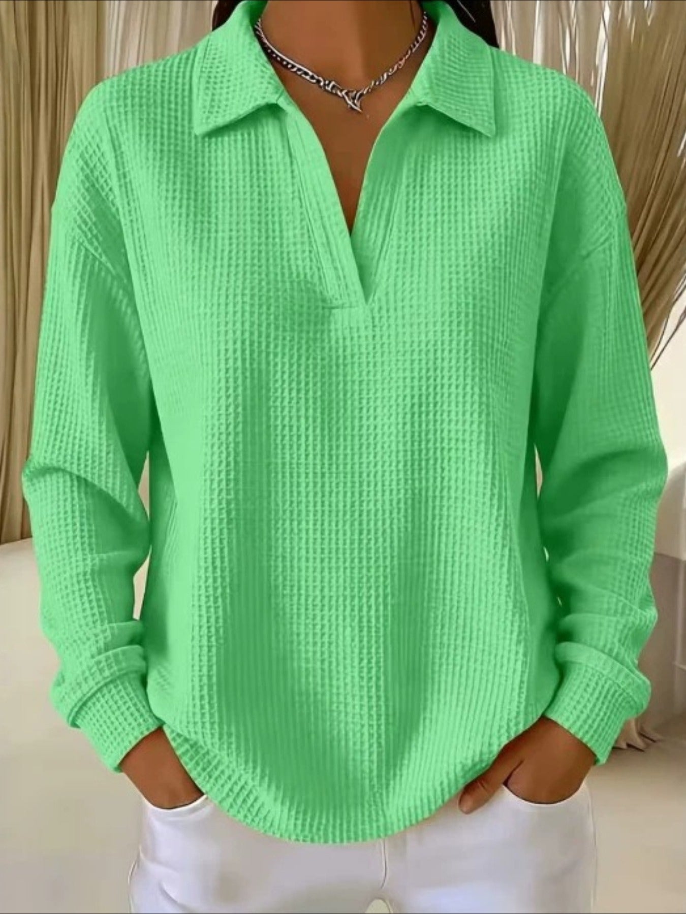 Waffle Lapel Neck Long Sleeve Polo Top