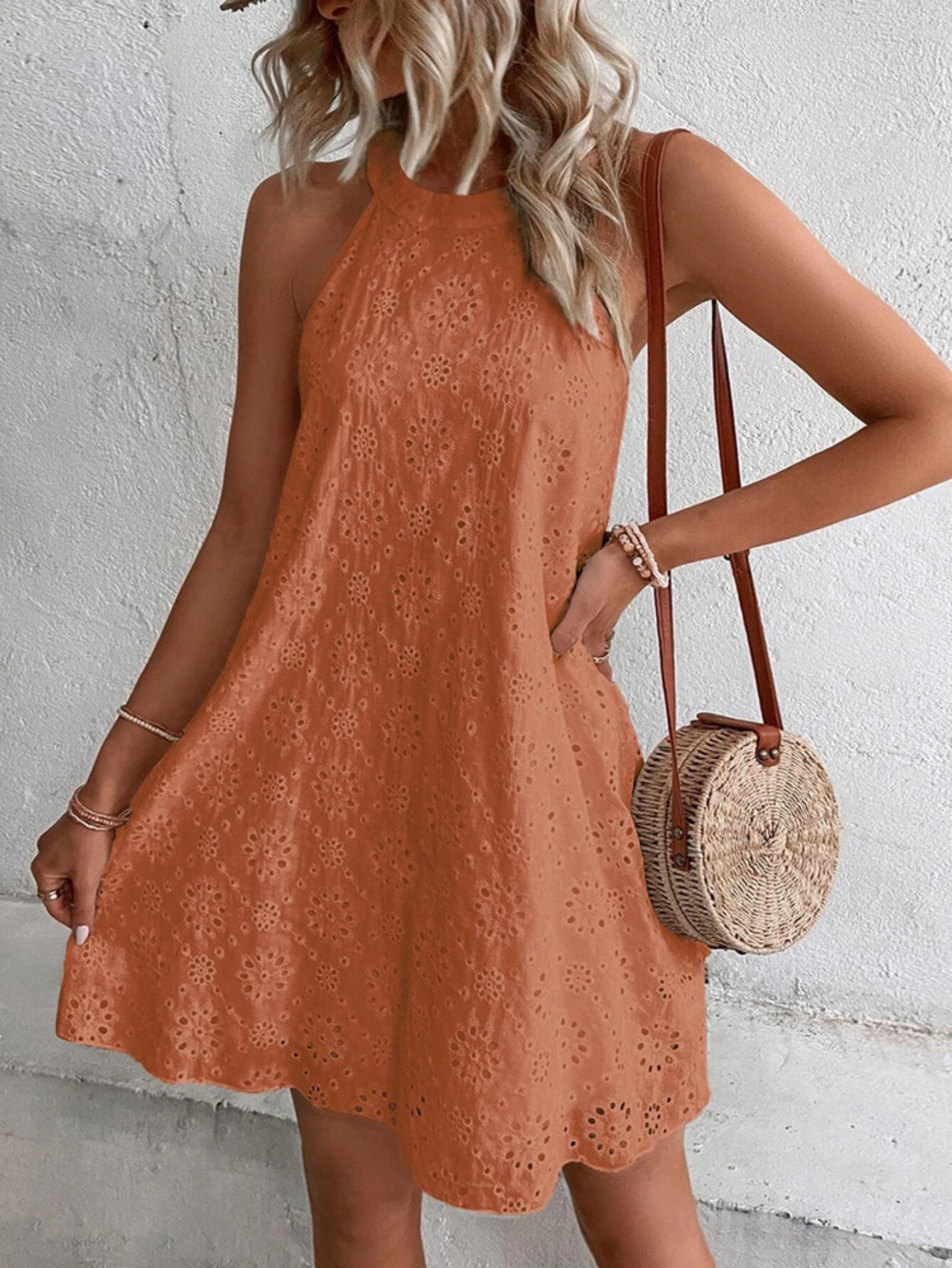 Keyhole Solid Dress, Casual Crew Neck Sleeveless Dress