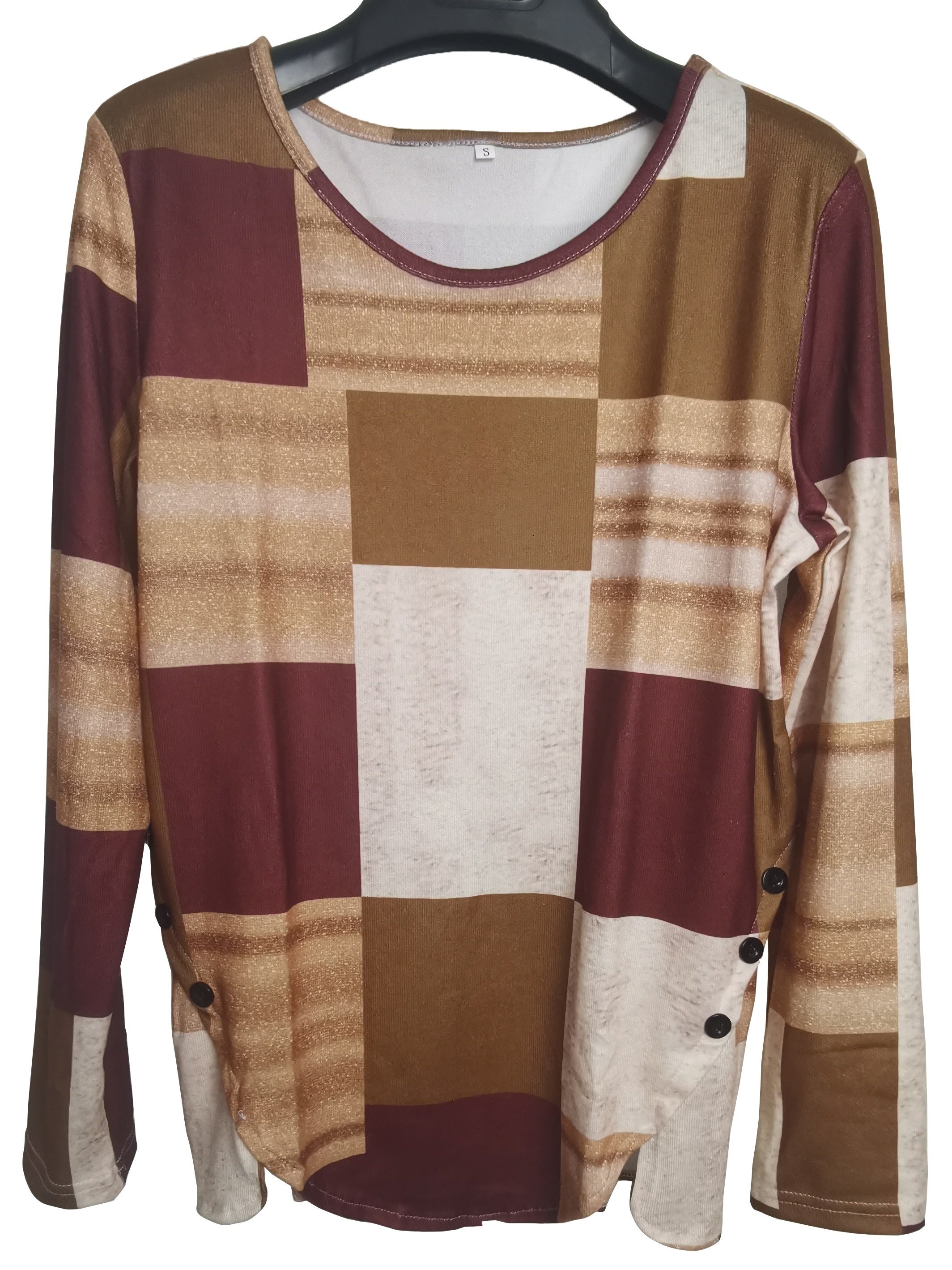 Colorblock Long Sleeve Round Neck Button Decor Asymmetrical Hem Slight Stretch T-shirt