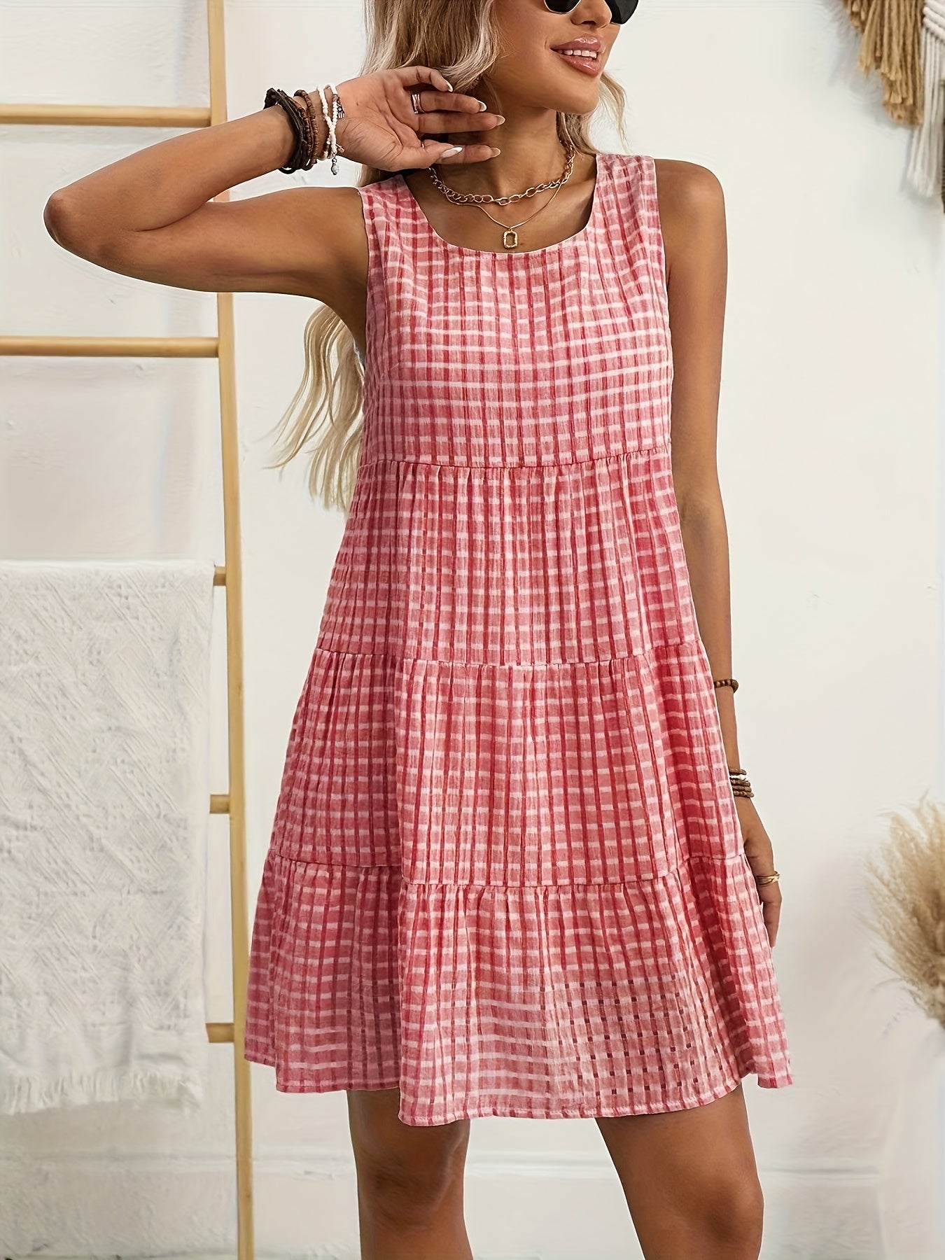 Loose Casual Flowing Sleeveless Plaid Dress