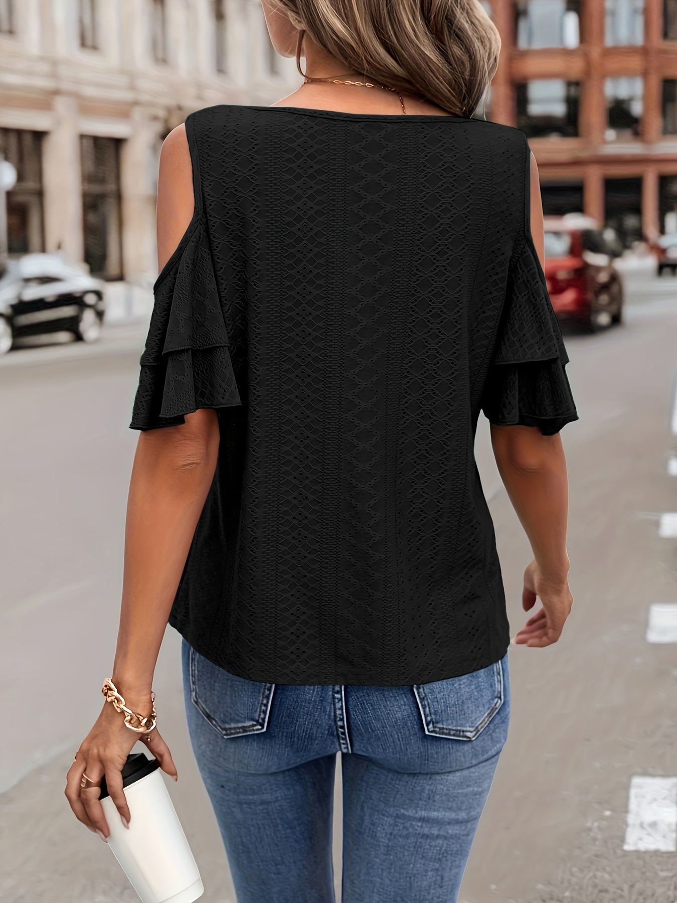 Cold Shoulder V Neck Eyelet T-Shirt, Casual Flutter Tiered Sleeve T-Shirt