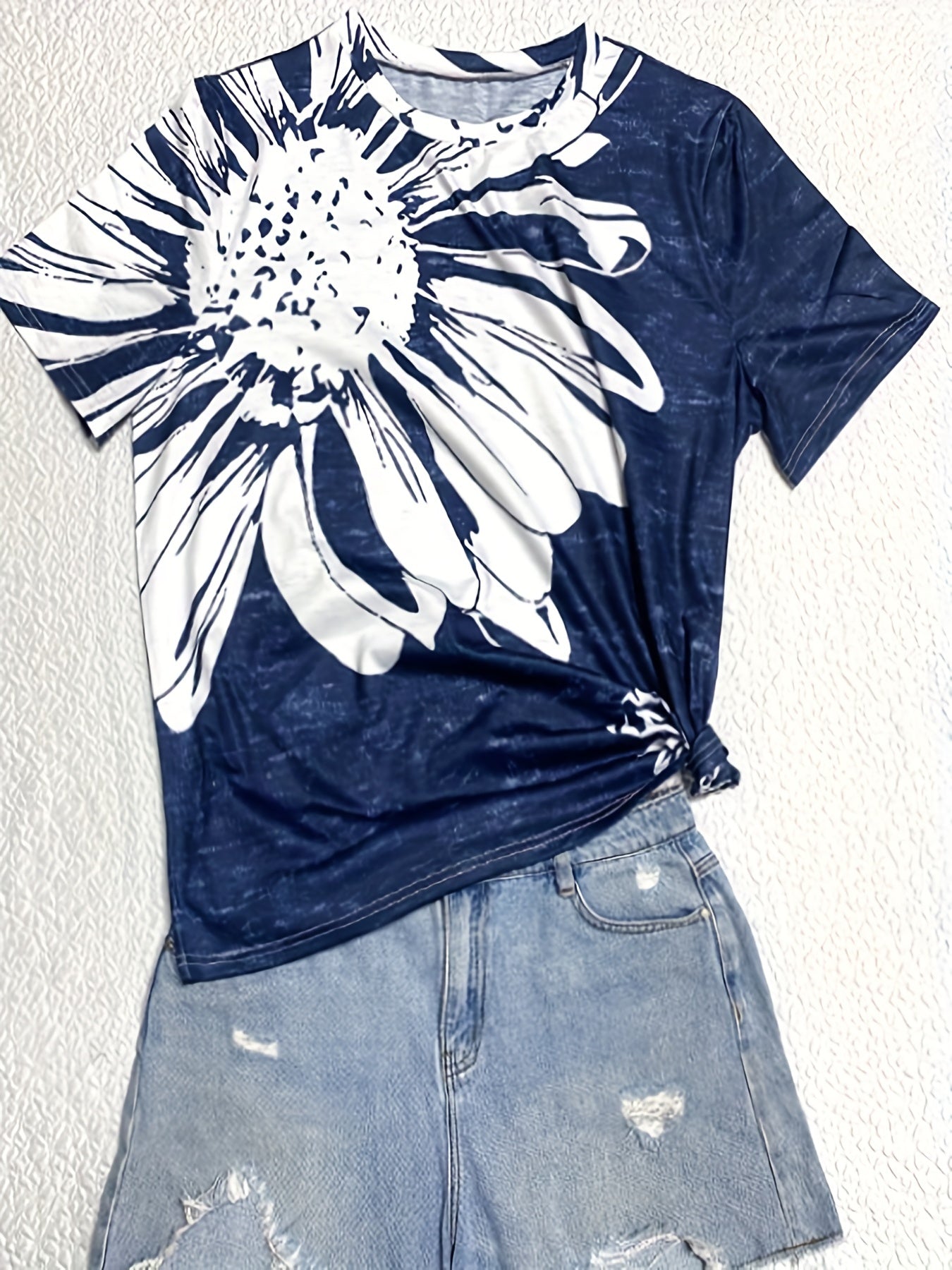 Butterfly & Floral Print Short Sleeve Round Neck Slight Stretch T-shirt