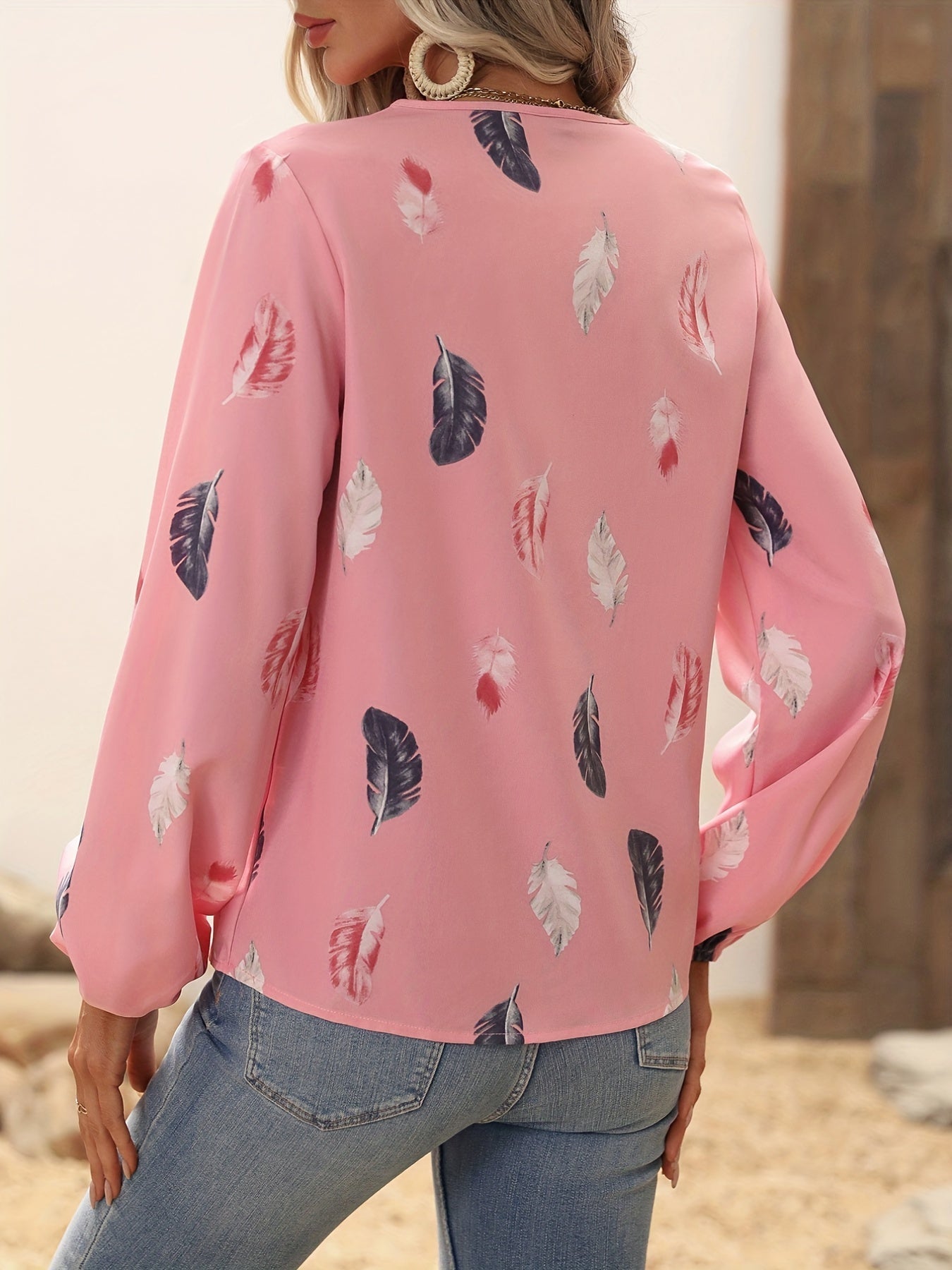 Feather Printed V-neck Loose Shirts, Casual Long Sleeve Fashion Shirts
