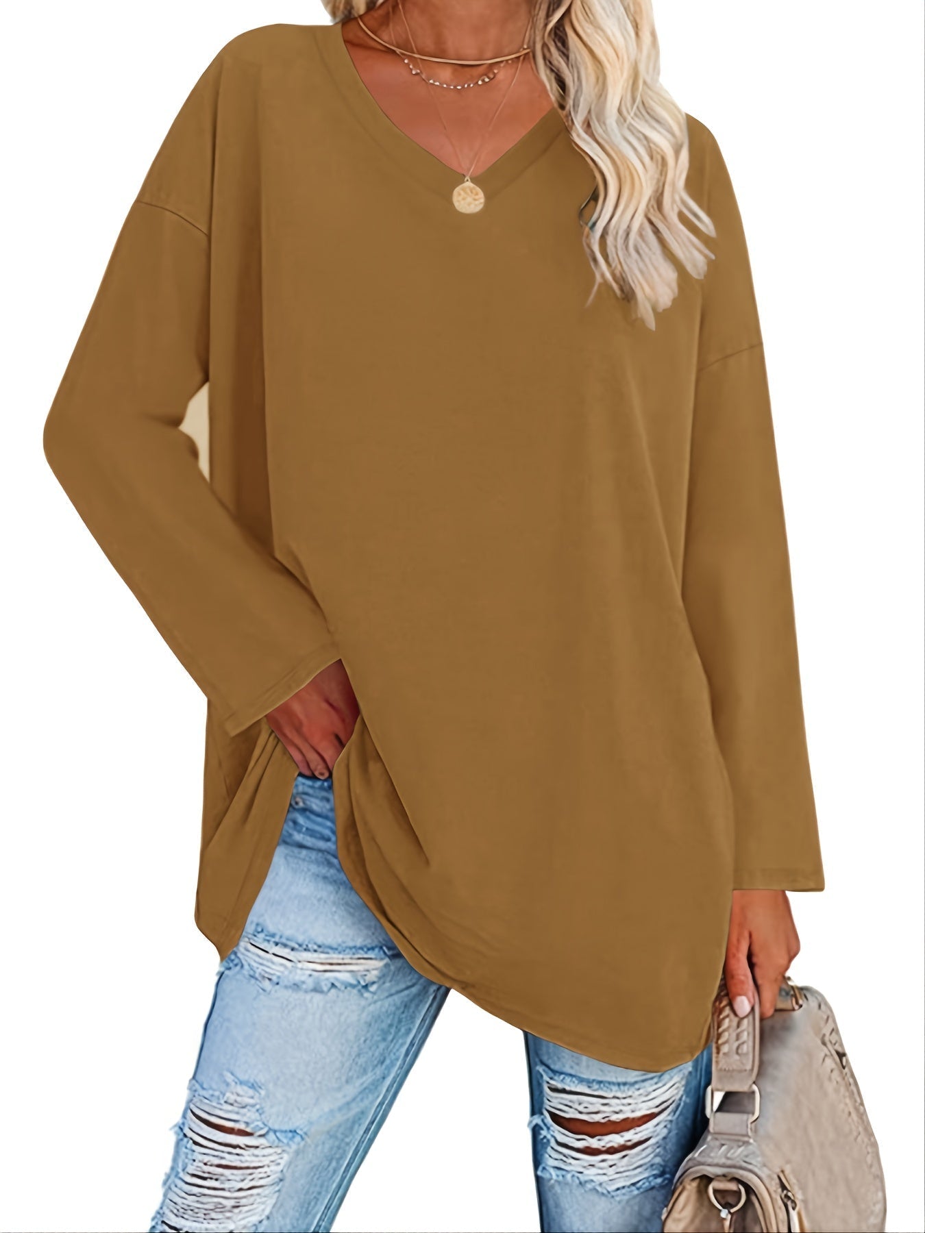 Women's Solid Color Oversized Tops, V-Neck Long Sleeve T-Shirts, Casual Loose Shirts
