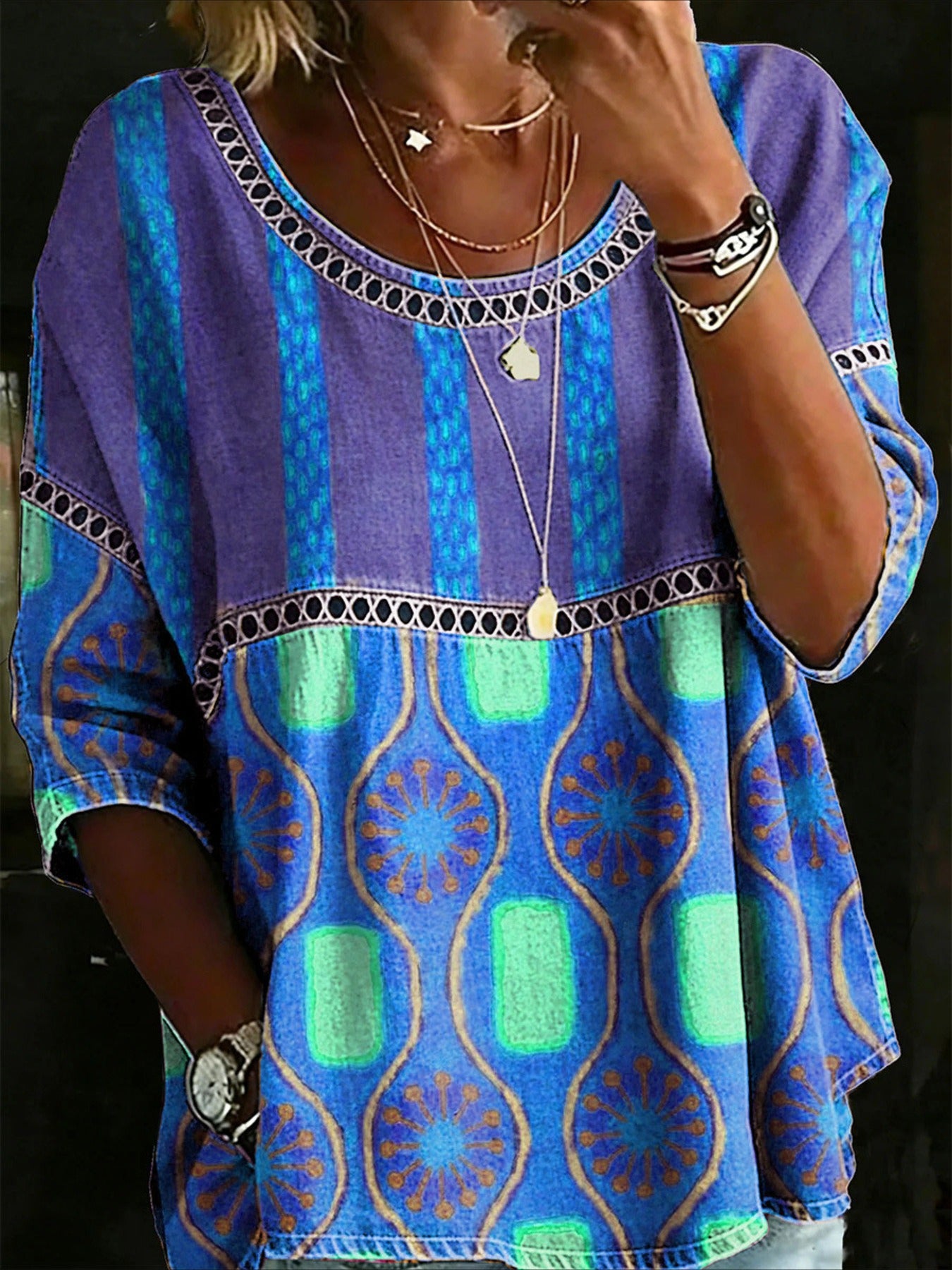Flower Printed Mid Sleeve Pleated Round Neck Top