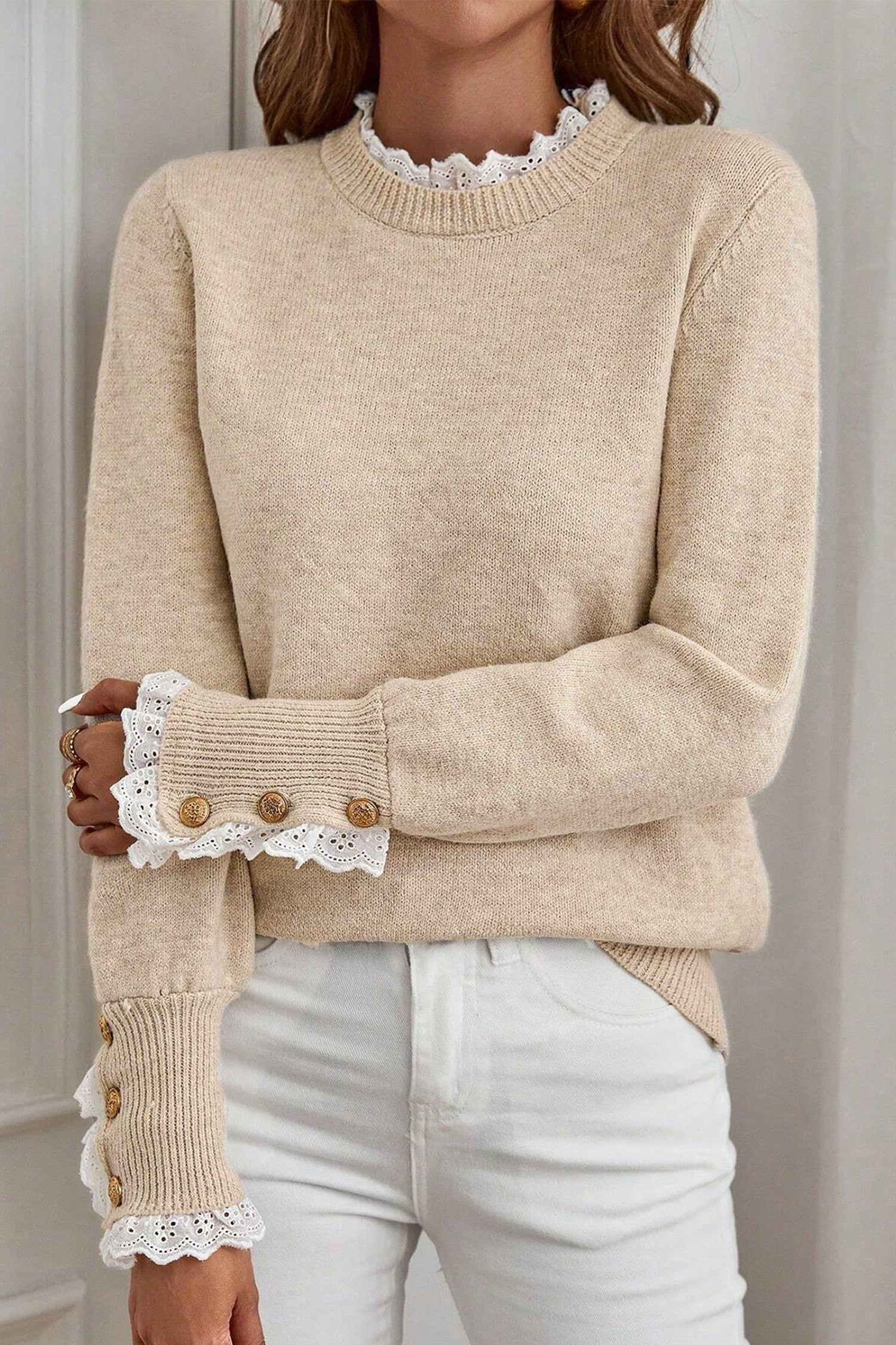 Jet Stream Lace Trim Patchwork Buttoned Cuffs Loose Sweater
