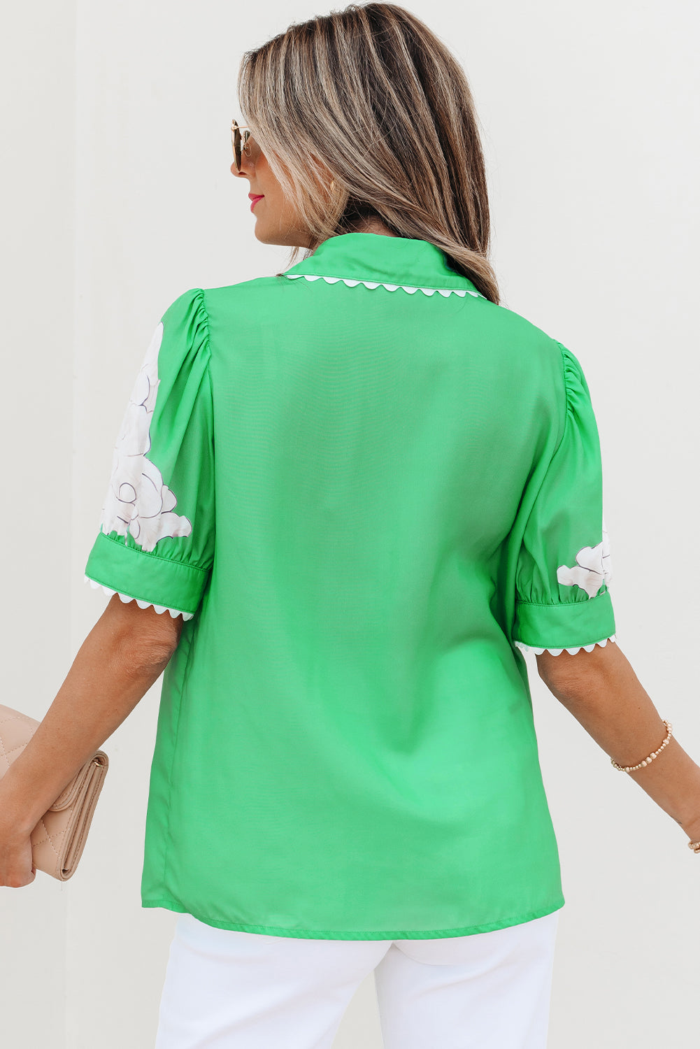 Green Floral Ric Rac Edge Puff Sleeve Button Up Summer Shirt