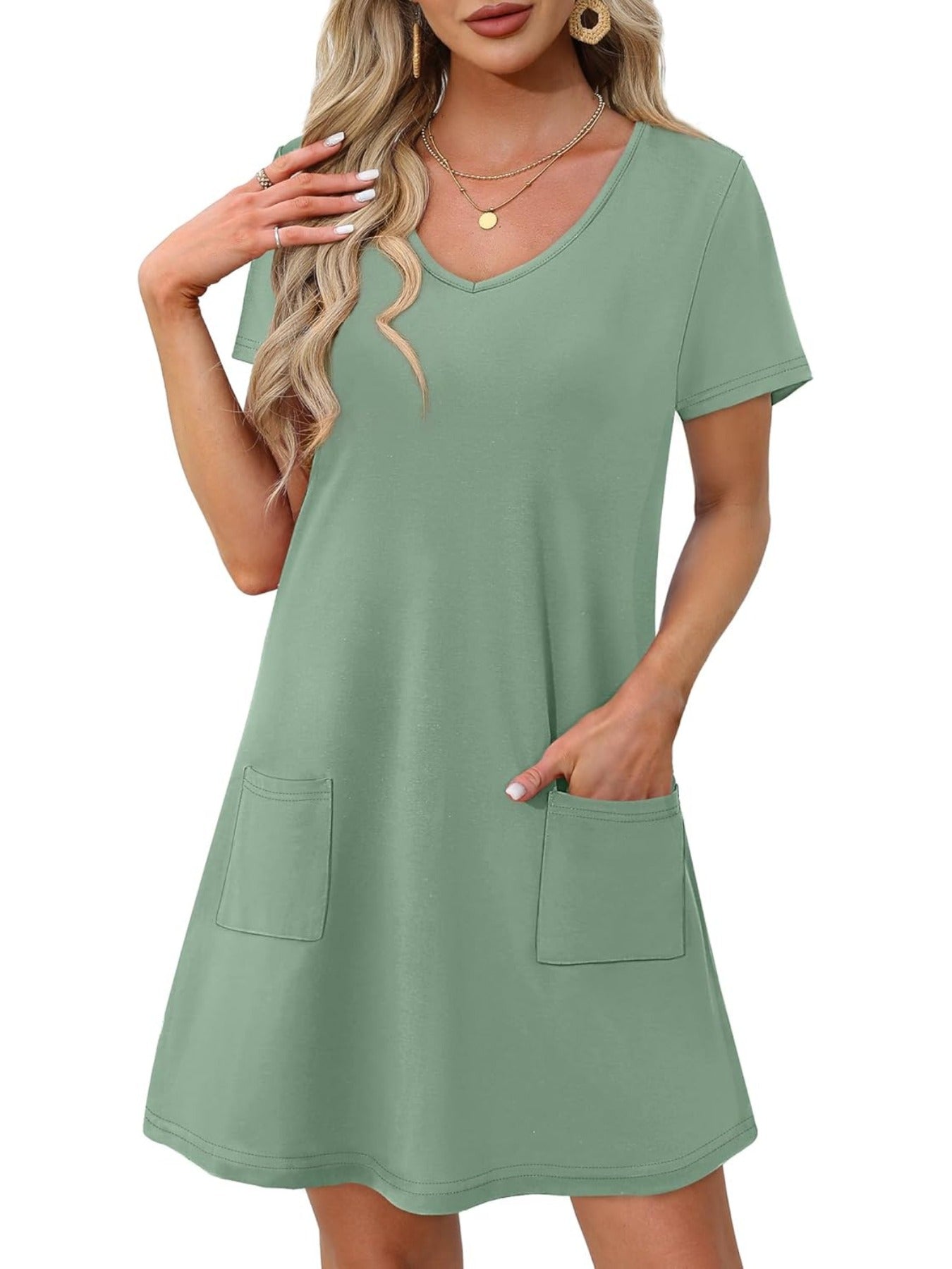 Loose V Neck Short Sleeve Casual T Shirt Dress