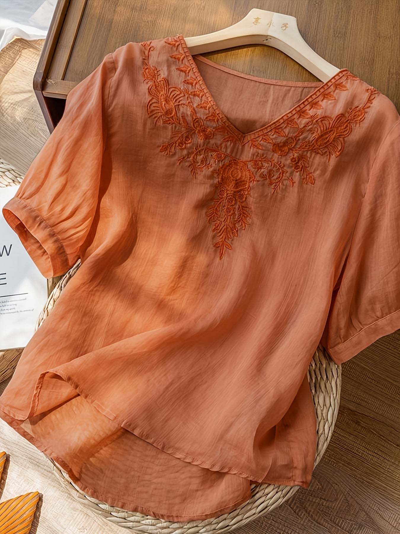 Floral Embroidery V Neck T-shirt, Vintage Half Sleeve Cotton Loose T-shirt