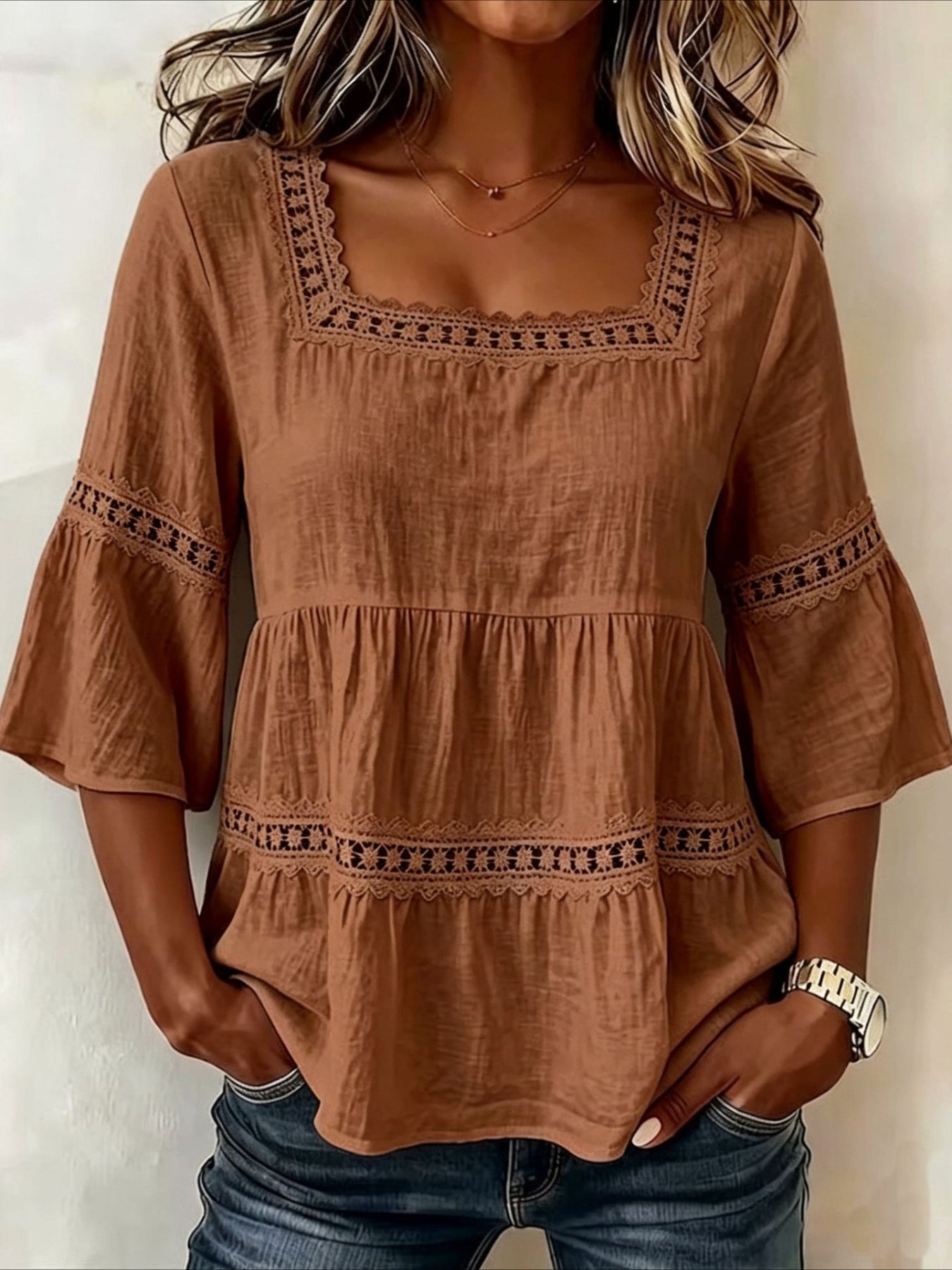 3/4-Length Bell Sleeves Square-Neck Lace-Panel Blouse