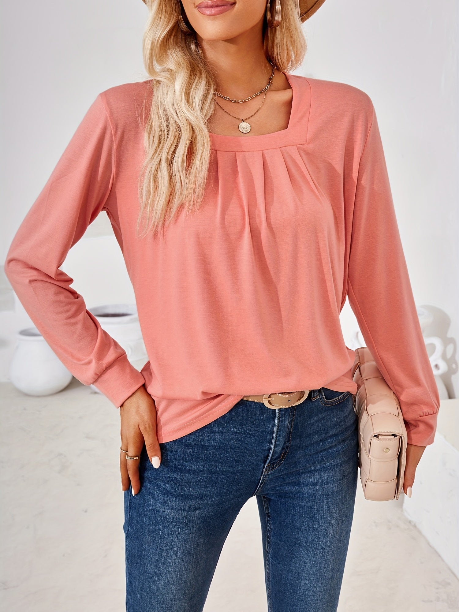 Solid Square Long Sleeve T-Shirt, Casual T-Shirt