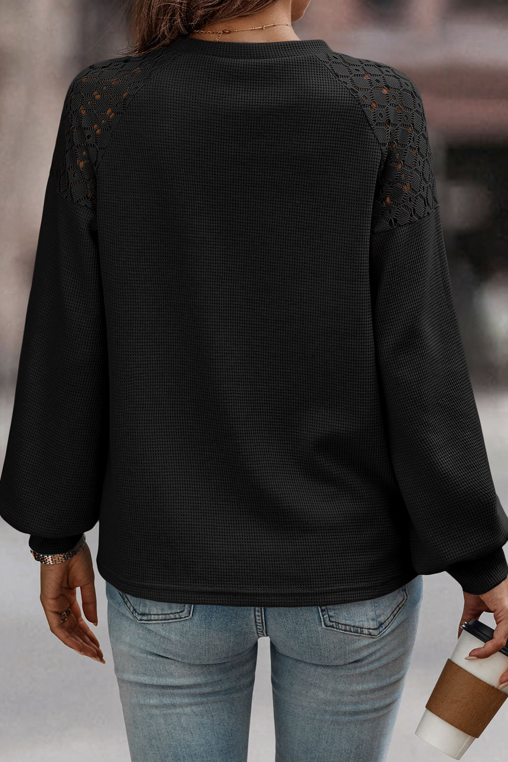 Black Lace Long Sleeve Textured Pullover