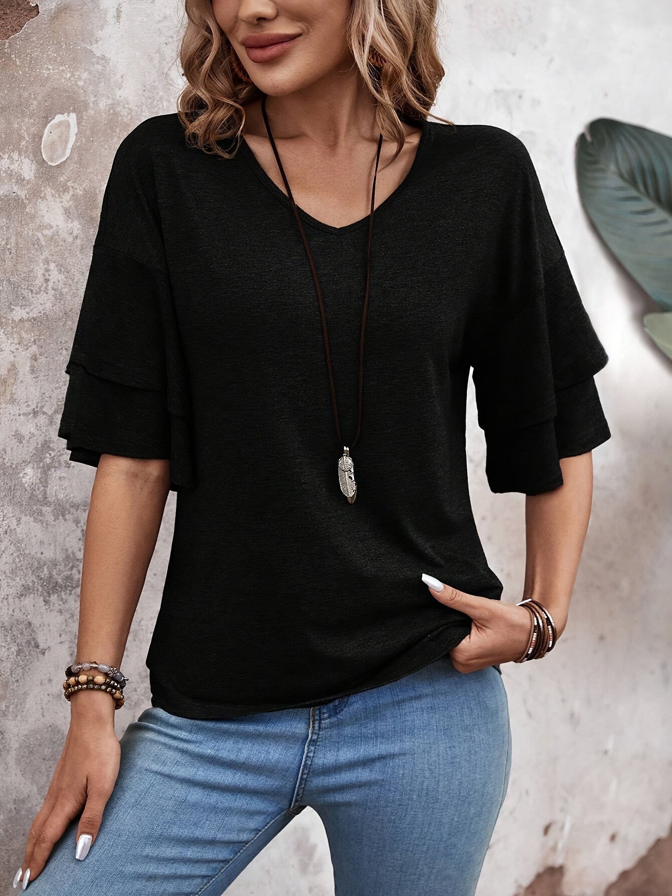 Casual Solid Color Flare Sleeve V Neck T-Shirt