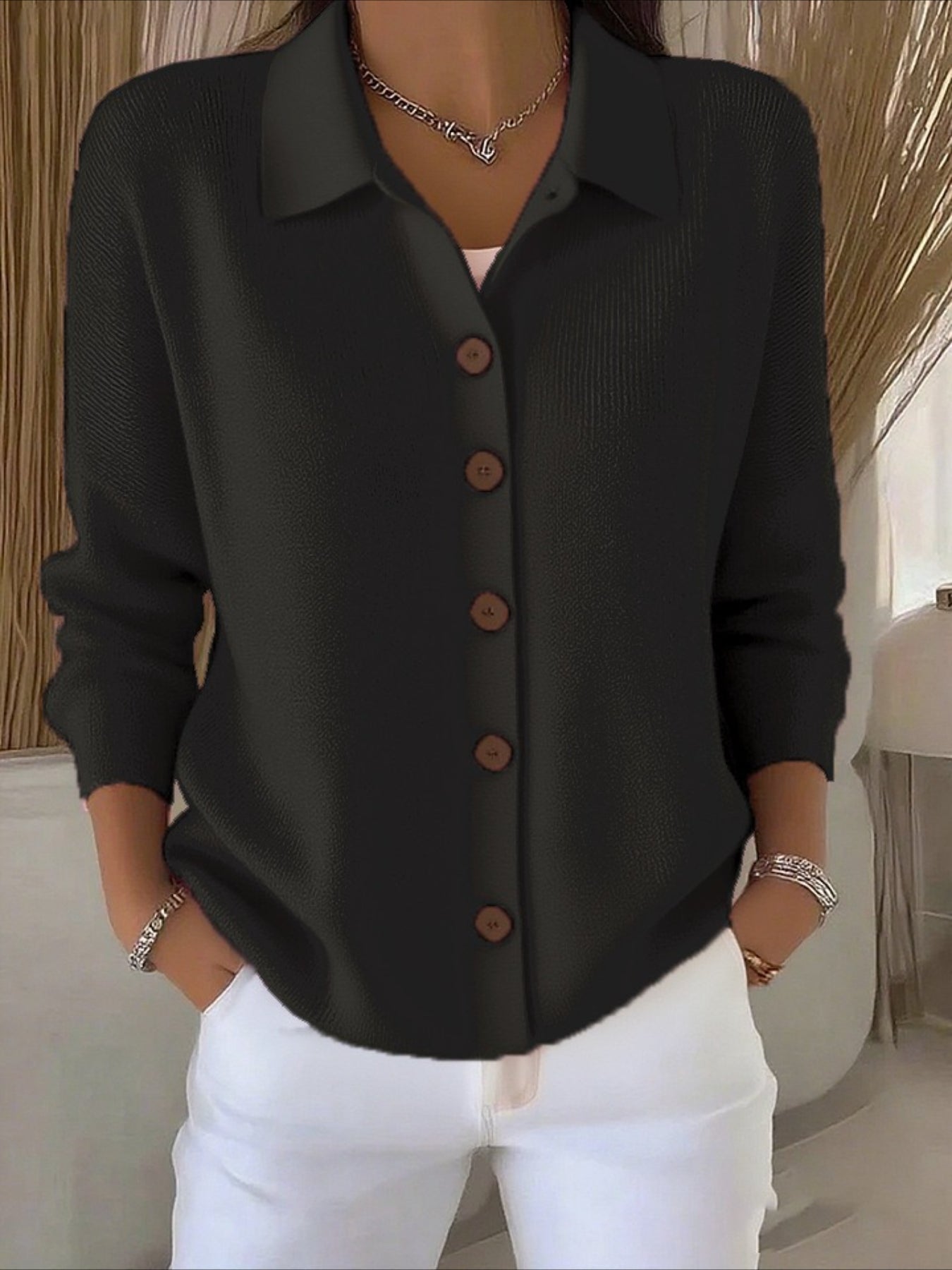 Button Plain Long Sleeve Comfy Casual Cardigan