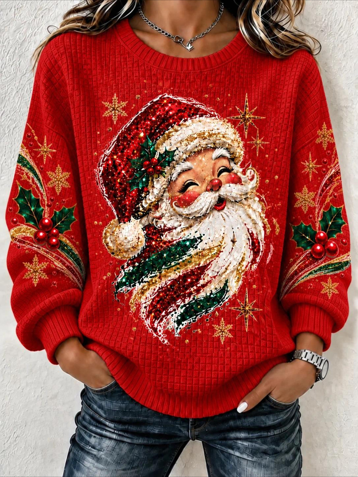 Vintage Santa Claus Print Waffle Knit Christmas Sweatshirt