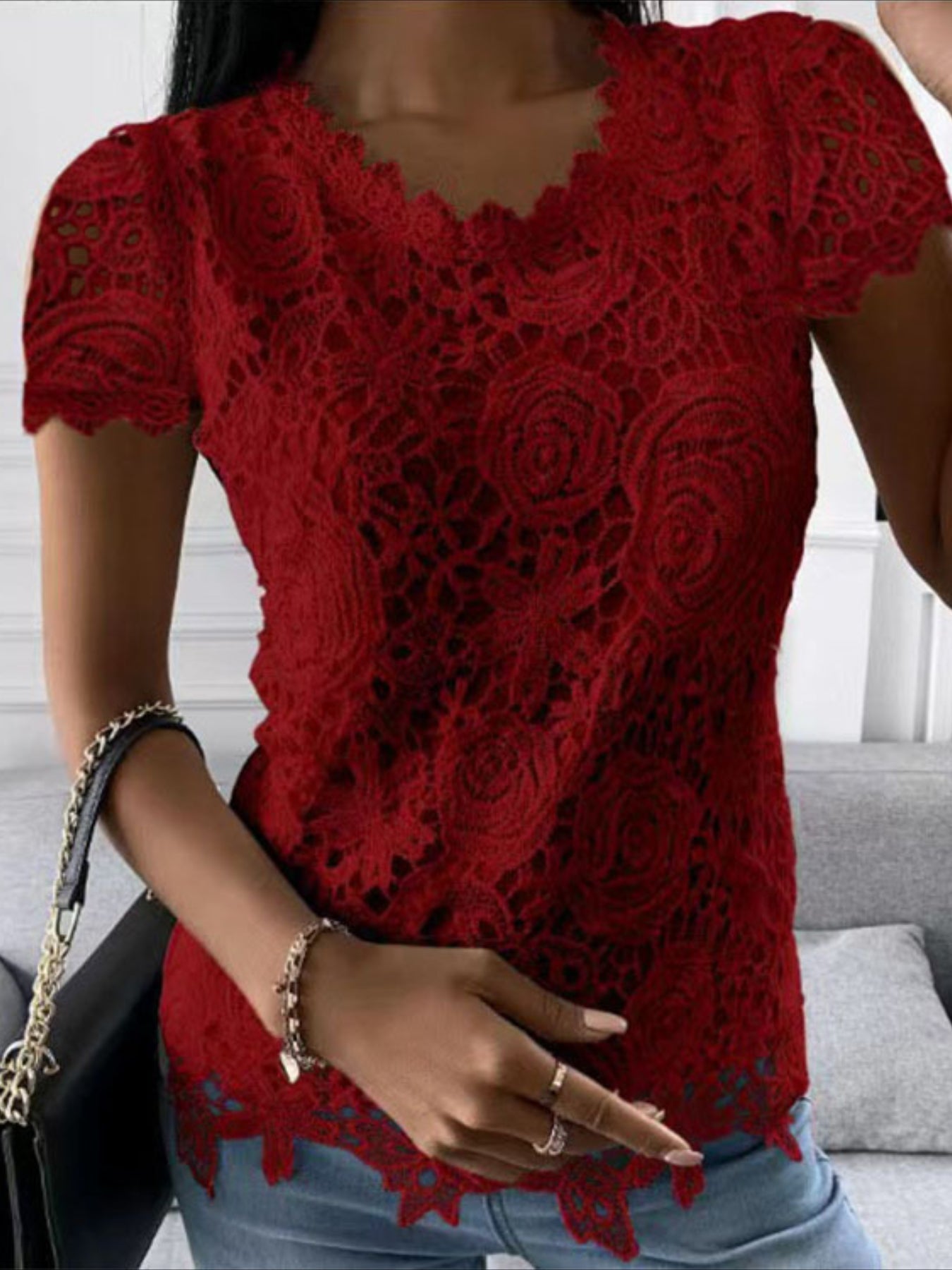 Women's Elegant Lace Crew Neck Short Sleeve T-Shirt - Stylish and Comfortable Top for Any Occasion