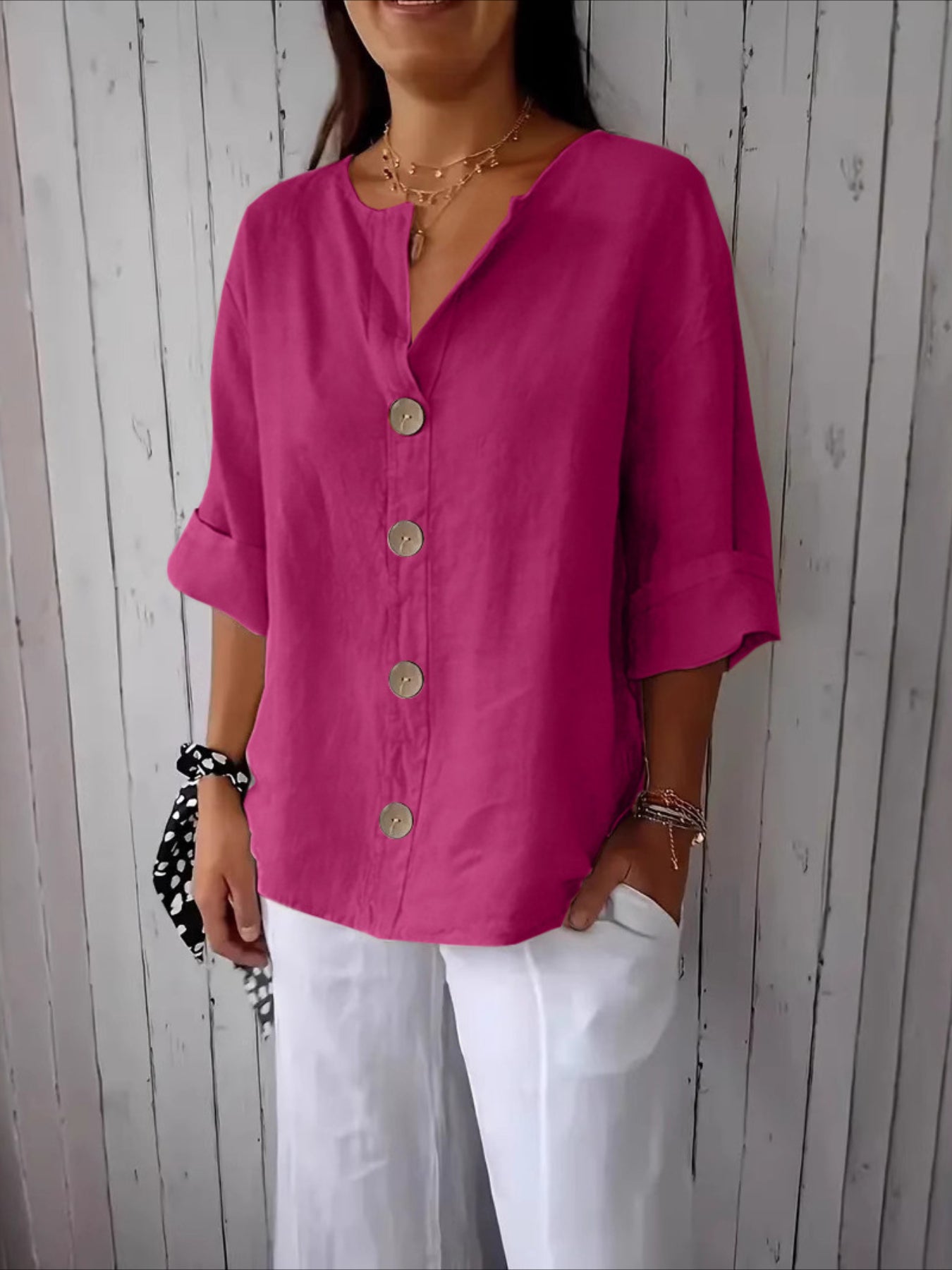 V-Neck Button-Up Solid Color Short Sleeve Loose Fit Short Sleeve Shirt