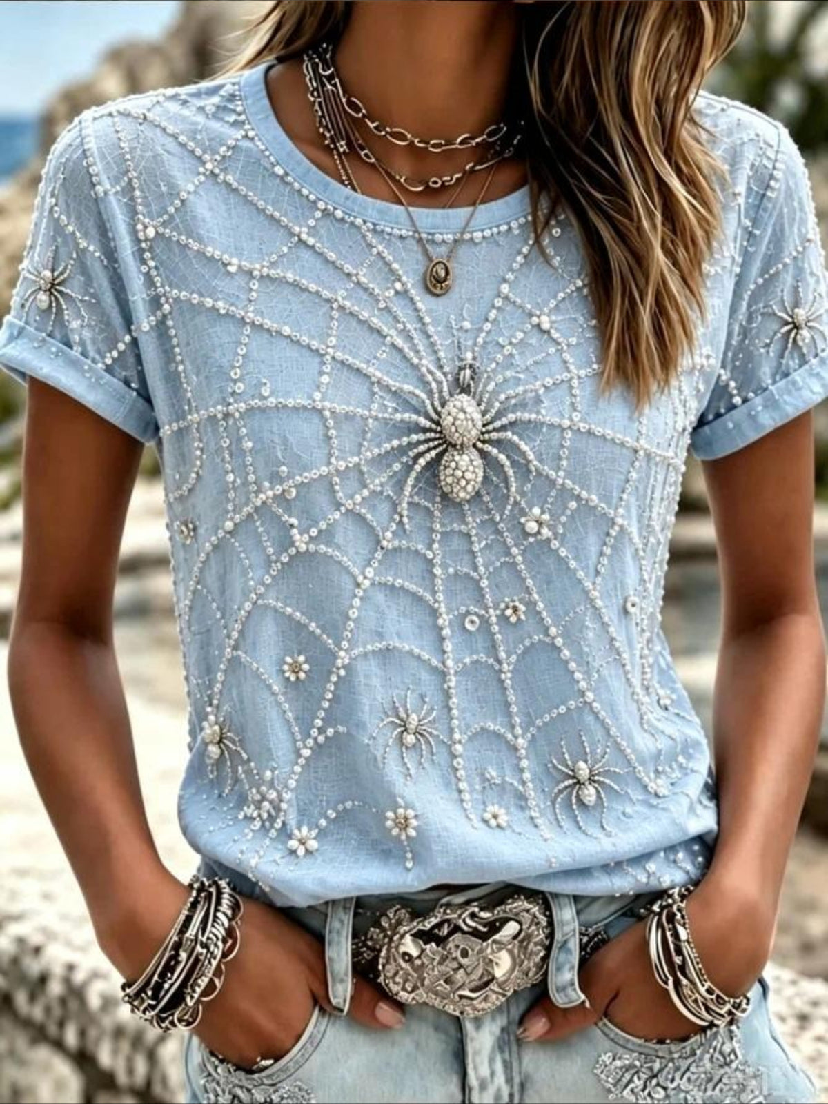 100% Cotton Casual Spider Graphic Printing Crew Neck Short Sleeve T-shirt