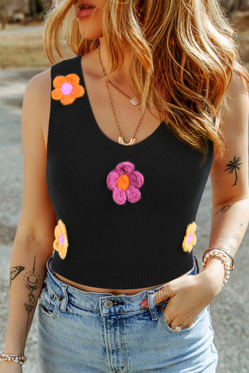 Black 3D Flower Decor Cropped Sweater Vest