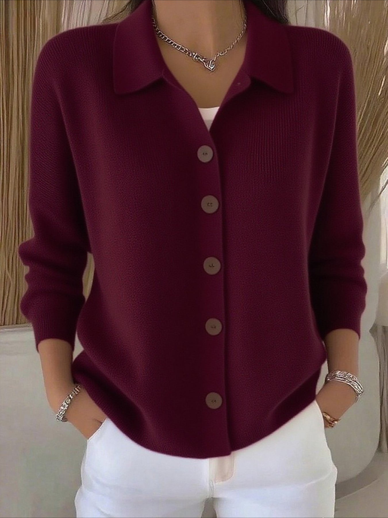 Button Plain Long Sleeve Comfy Casual Cardigan