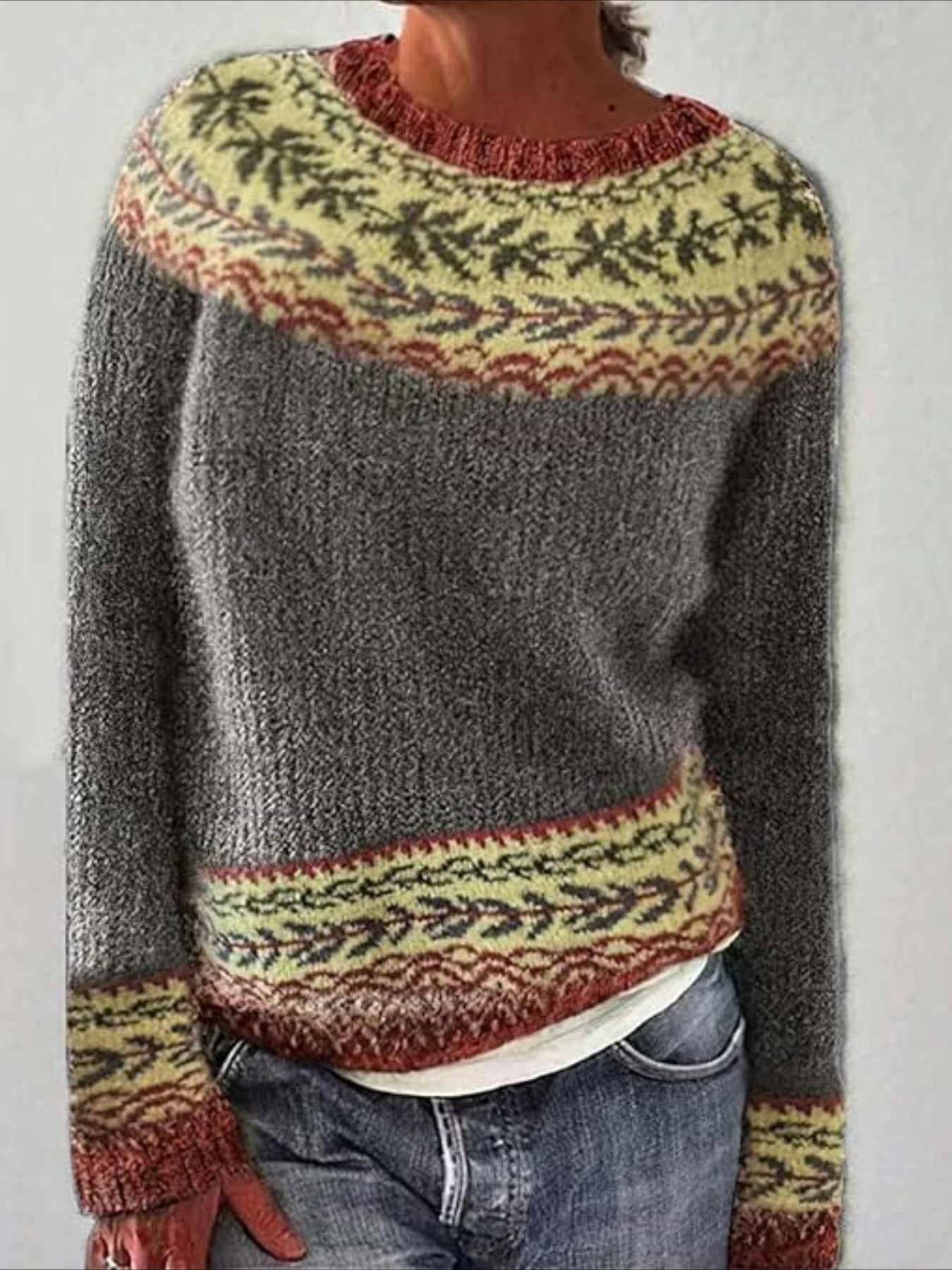 Crew Neck Faire Isle Sweater, Casual Long Sleeve Sweater