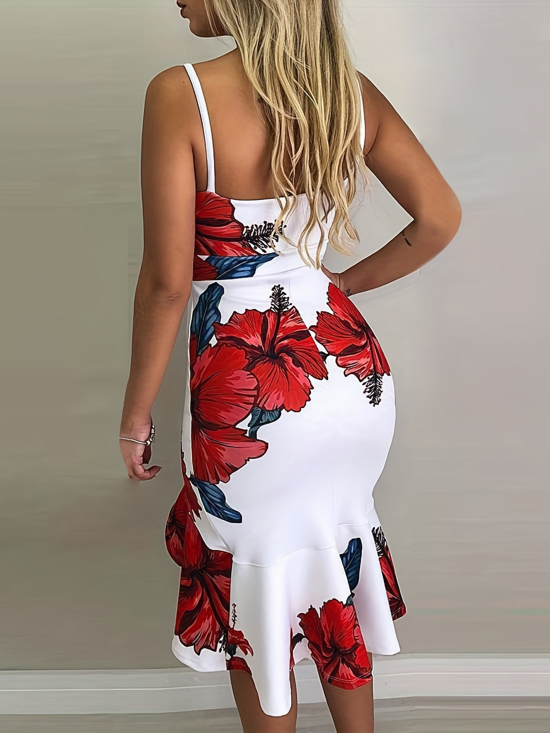 Floral Print Ruffle Hem Dress, Sexy V Neck Slit Spaghetti Strap Dress