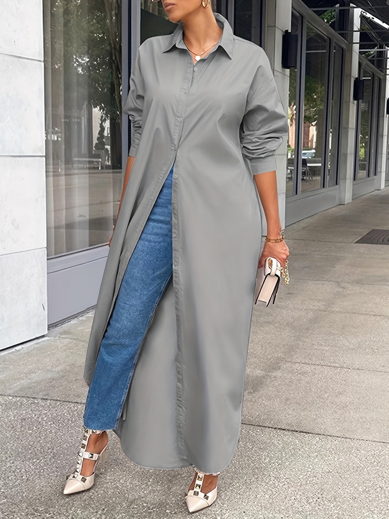 Longline Button Front Shirt, Casual Long Sleeve Shirt