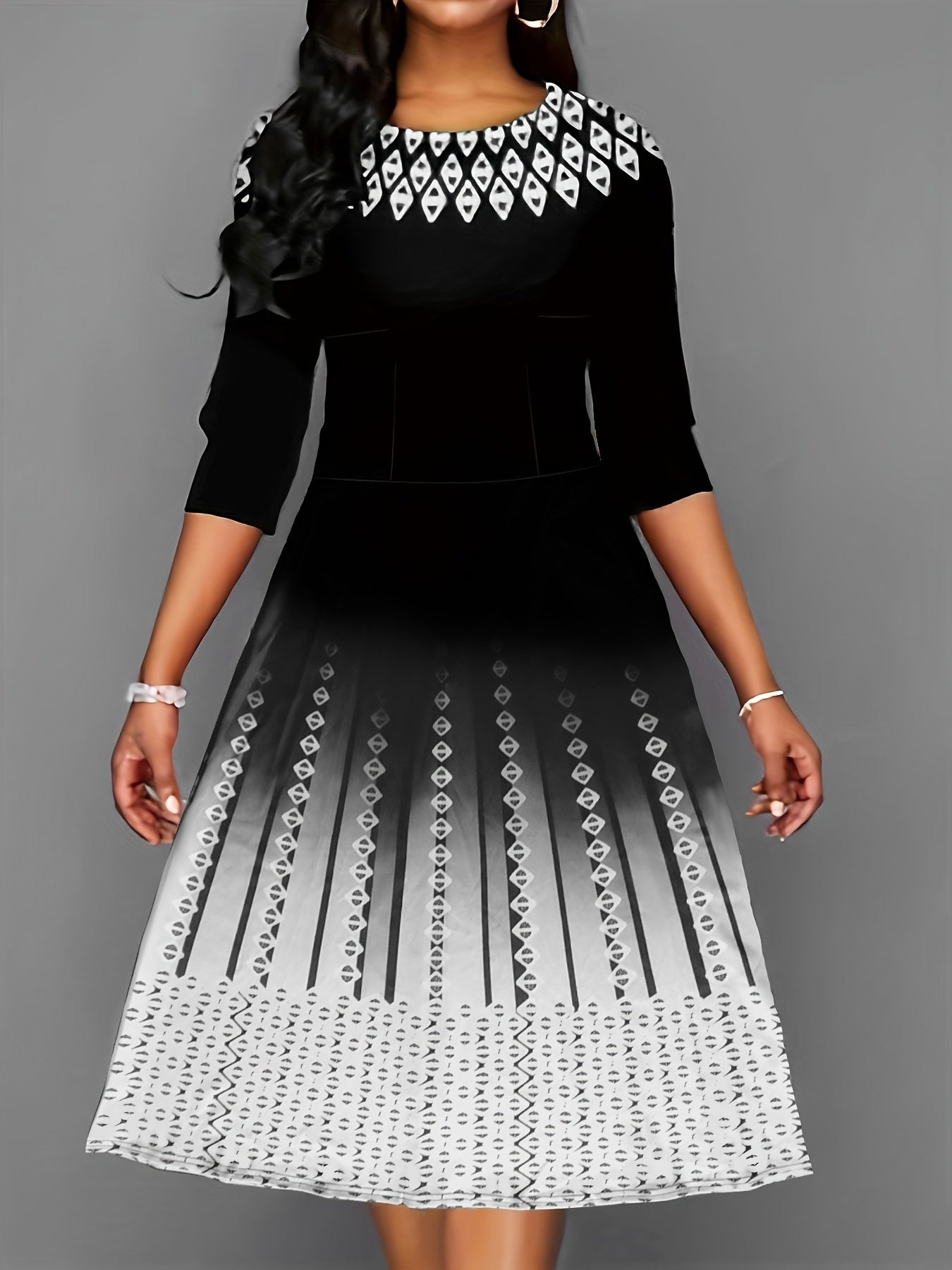Argyle Print Color Block Dress, Casual Crew Neck Half Sleeve Midi Dress