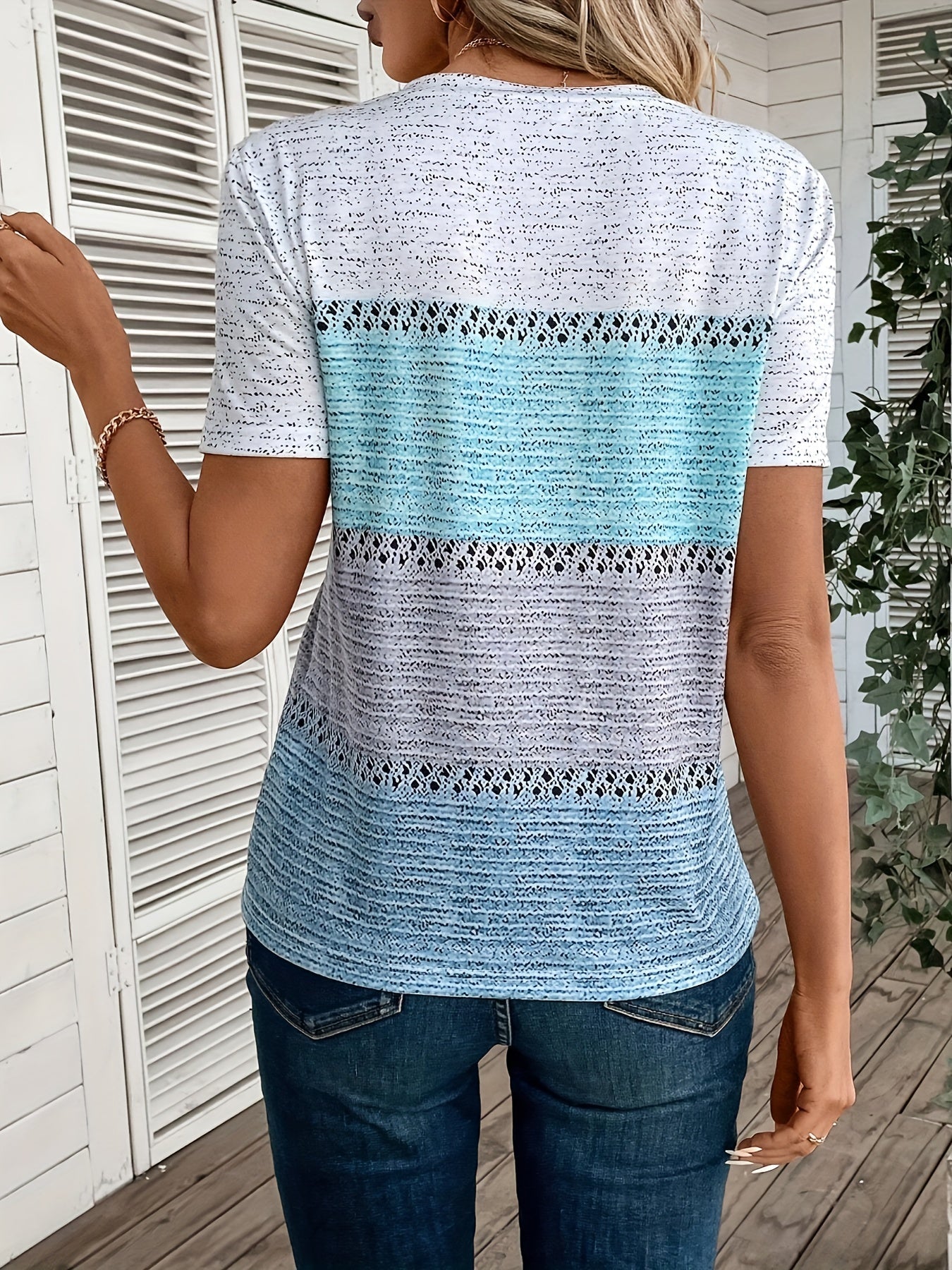 Color Block V Neck T-Shirt, Casual Short Sleeve T-Shirt