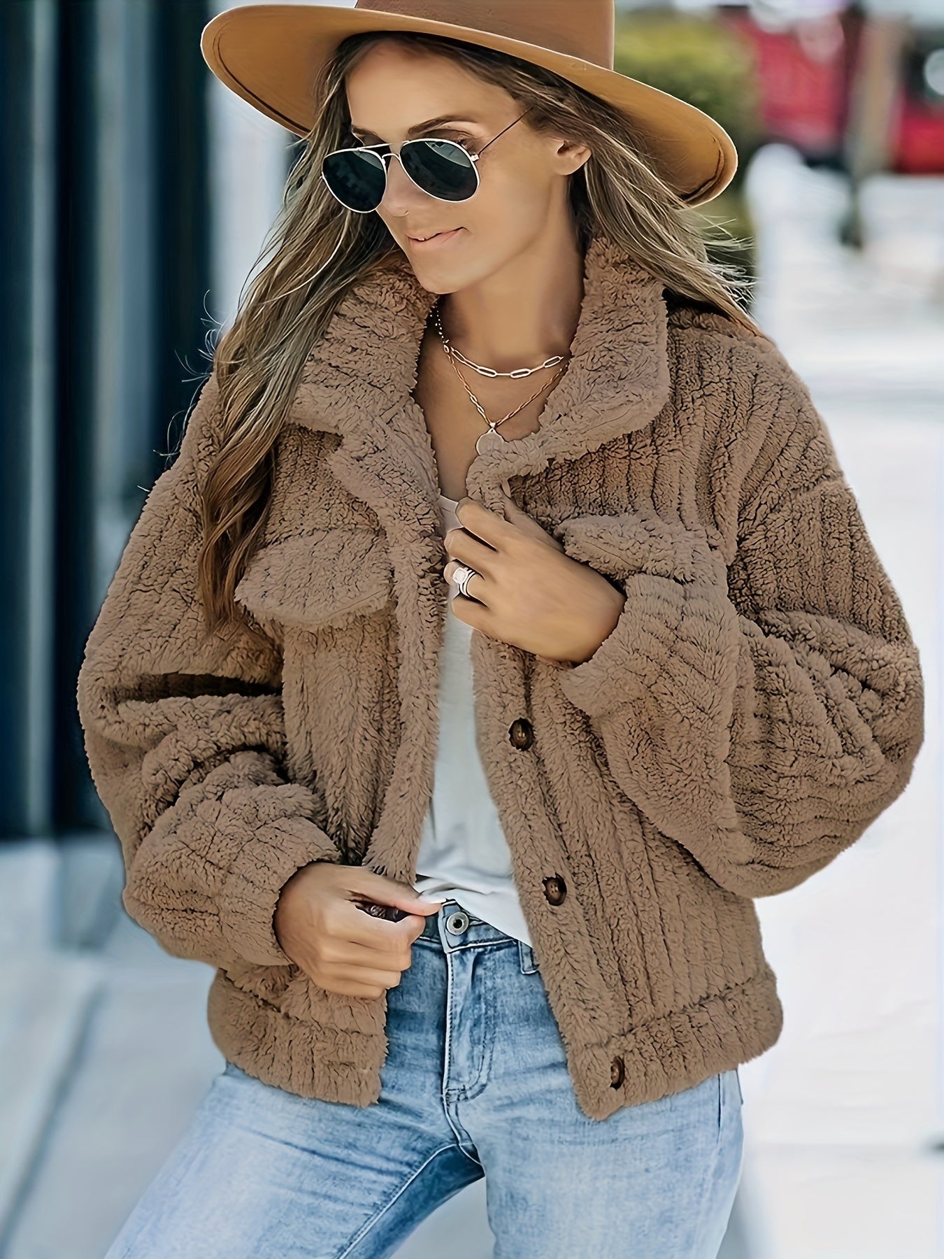 Solid Faux Fur Trucker Jacket, Casual Long Sleeve Jacket