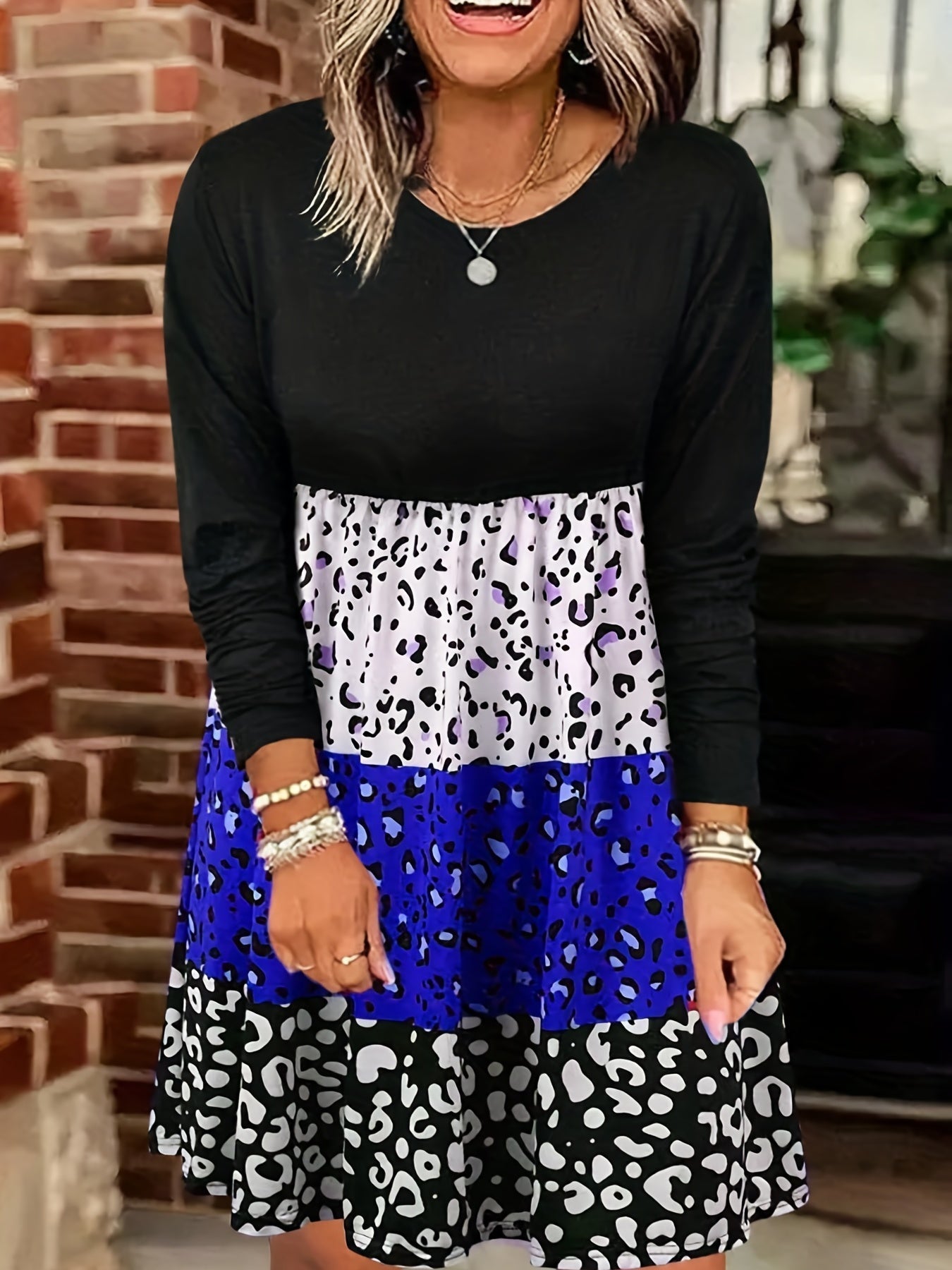 Leopard Print Color Block Dress, Casual Crew Neck Long Sleeve Dress