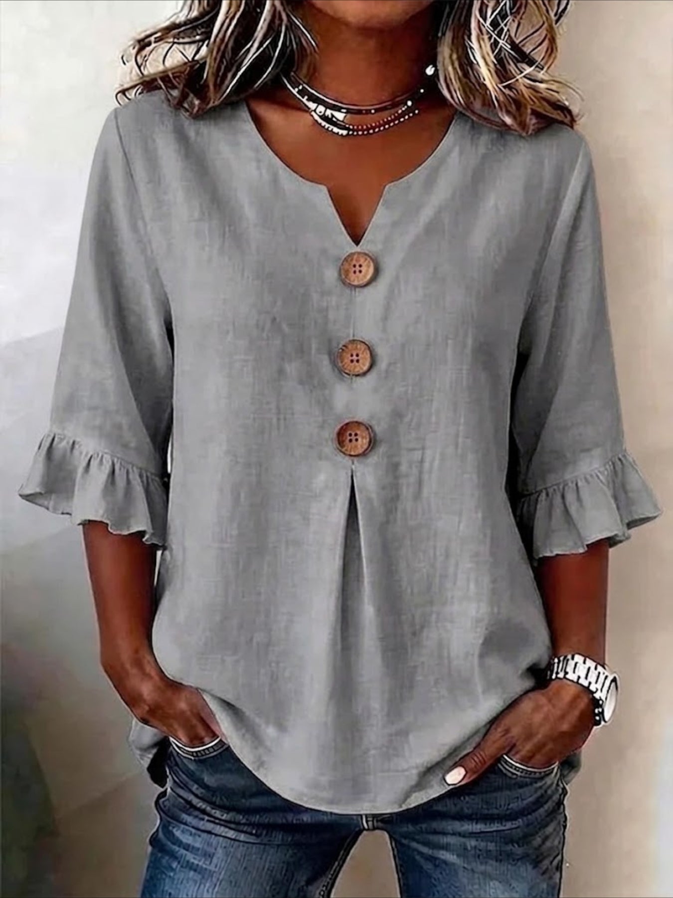 Solid Color Floral V Neck Button Short Ruffle Sleeve Casual Top