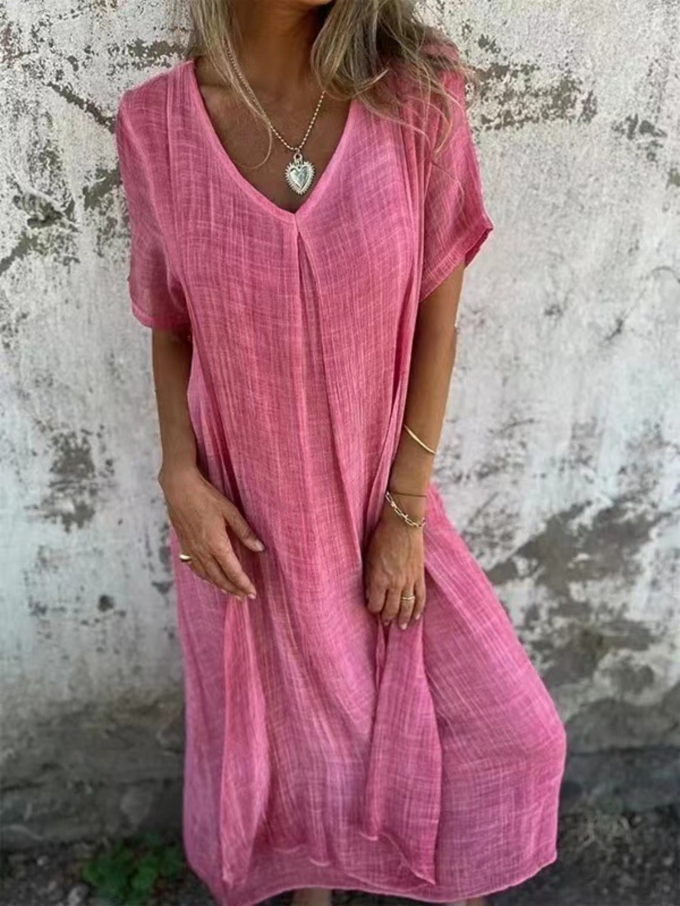 Solid Color Cotton Linen V-Neck Casual Maxi Dress