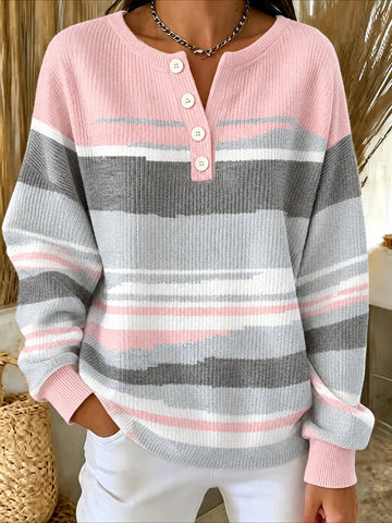 Abstract V Neck Button Long Sleeve T-Shirt