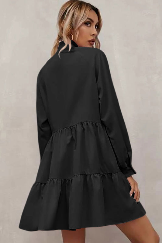 Black Frilled Stand Collar Long Sleeve Ruffle Dress