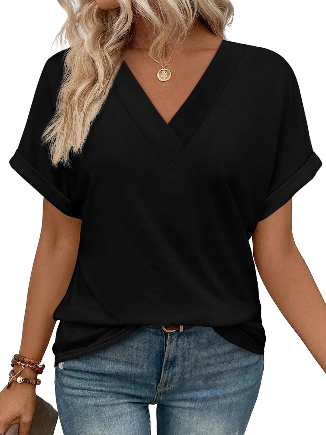 Solid Color V Neck Short Dolman Sleeve Shirts