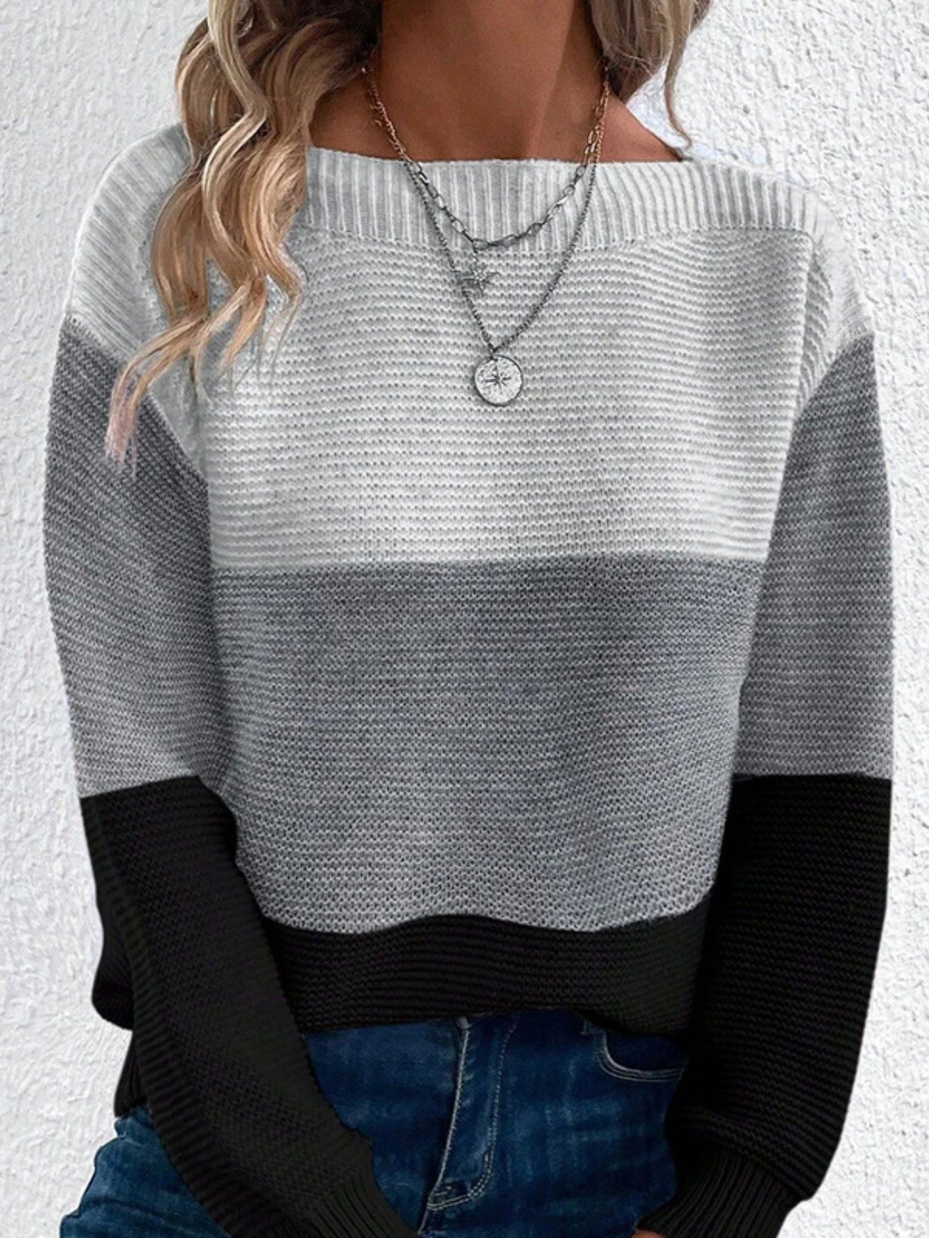 Long Sleeve Pullover Color Block Boat Neck Sweater