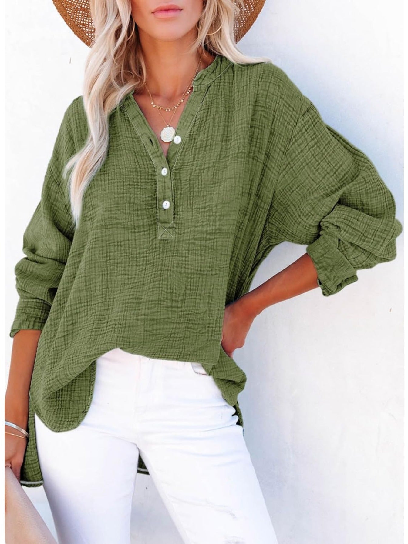 Long Sleeve Button Solid Color Pleated Detail Casual Oversized V-Neck Blouse