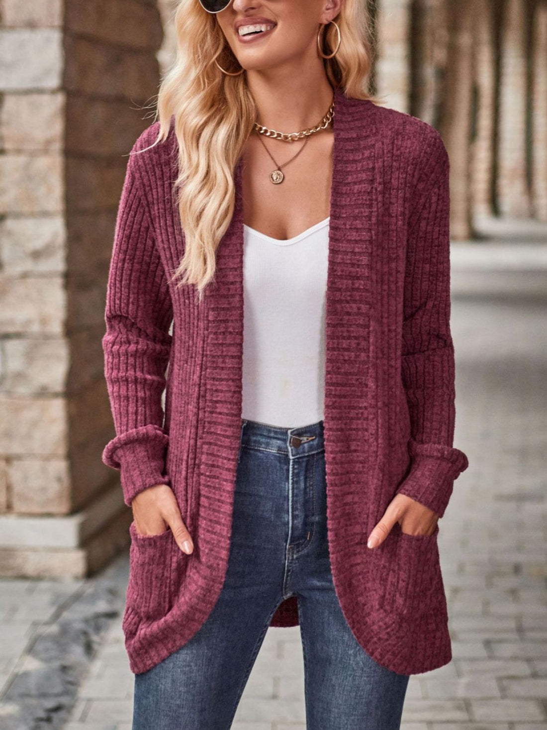 Loose Fit Long Sleeve Open Collar Casual Blouse with Side Pockets