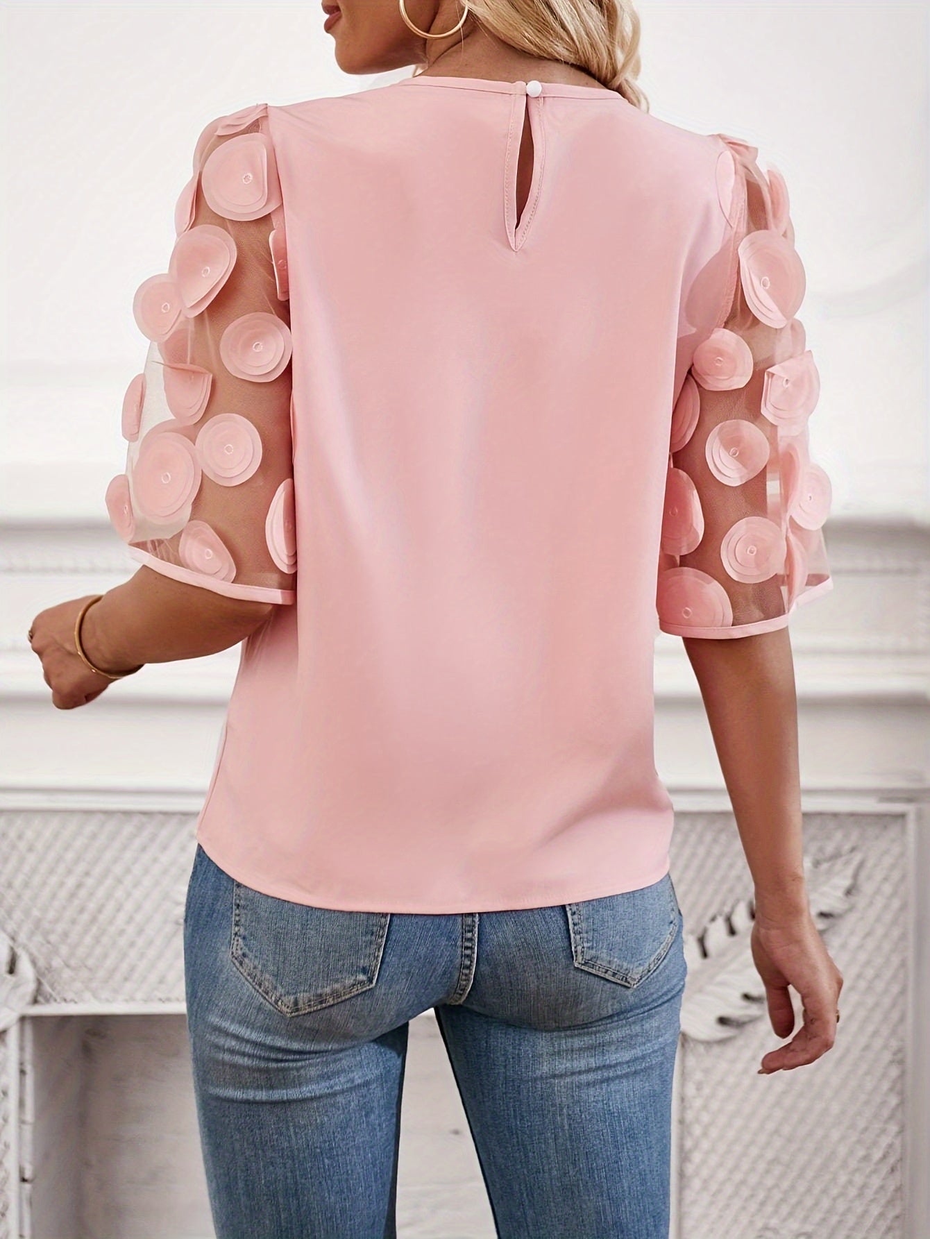Women's Solid Applique Blouse with Half Sleeves and Mesh Splicing