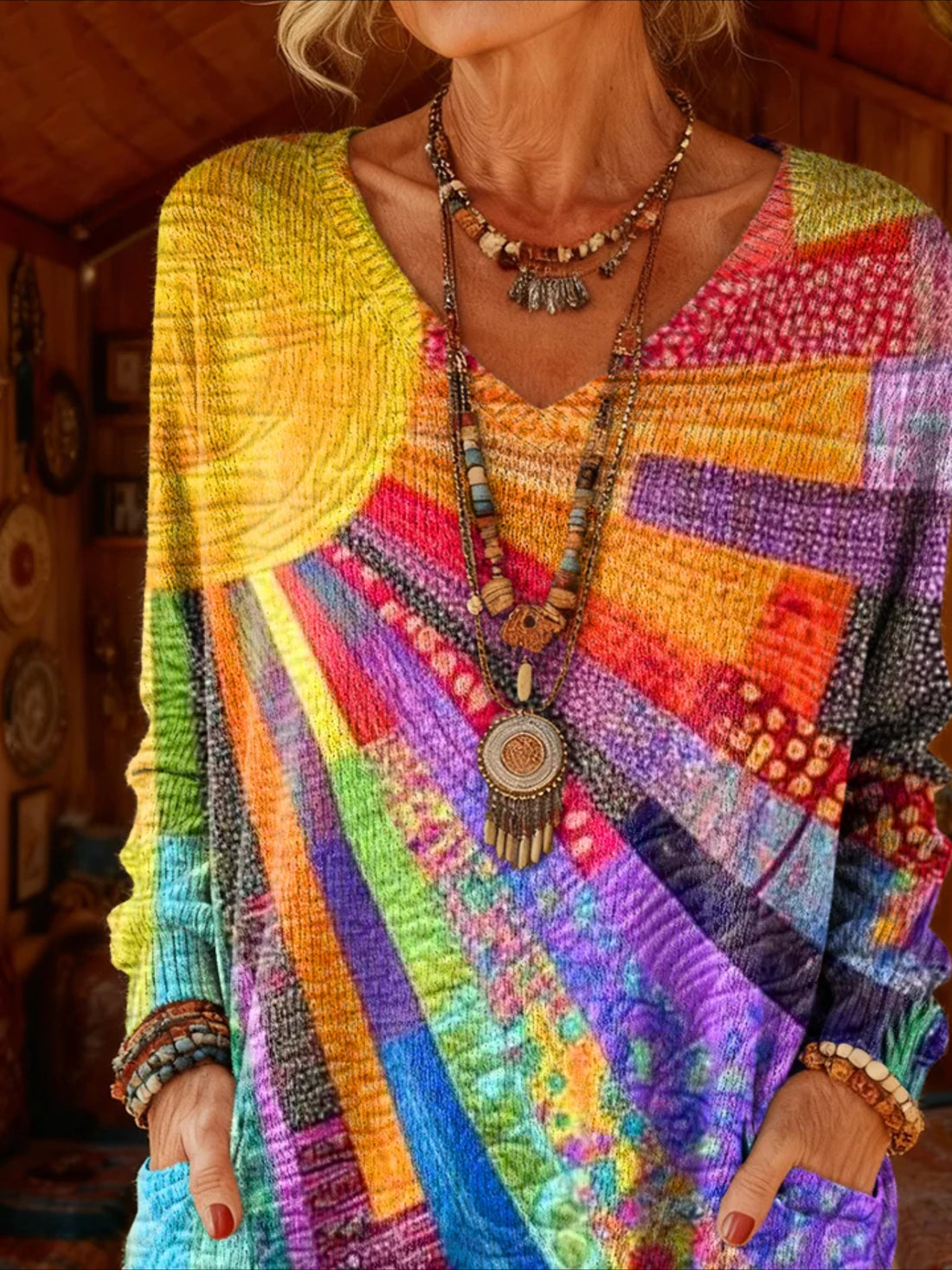 Colorful Long Sleeve Spring/Fall Floral Printing V Neck Daily Going Out Vintage Top