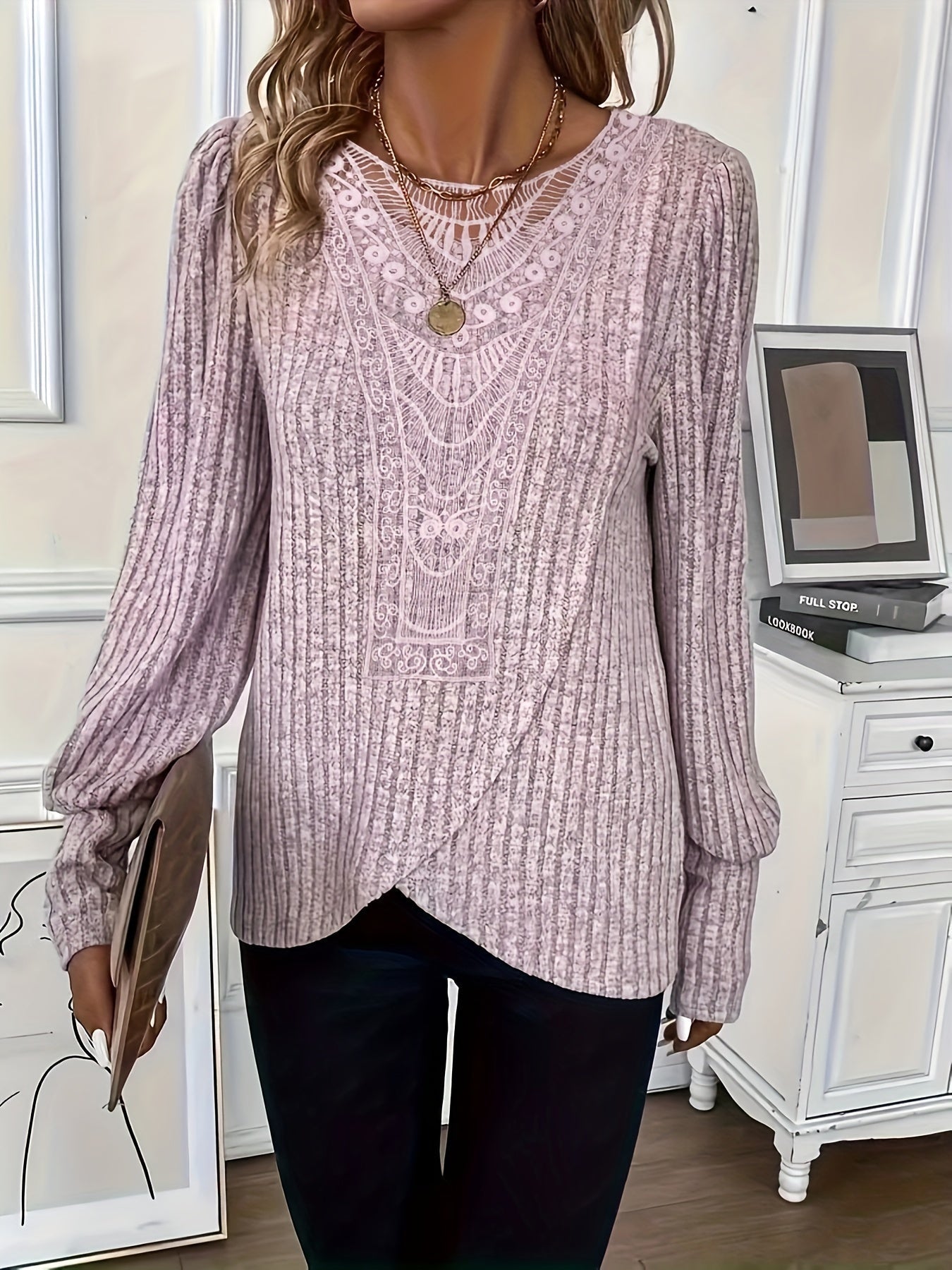Lace Splicing Crew Neck T-shirt, Versatile Long Sleeve Cross Front Top