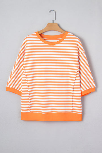 Orange Stripe 3/4 Sleeve Exposed Seam Patchwork Pullover Top