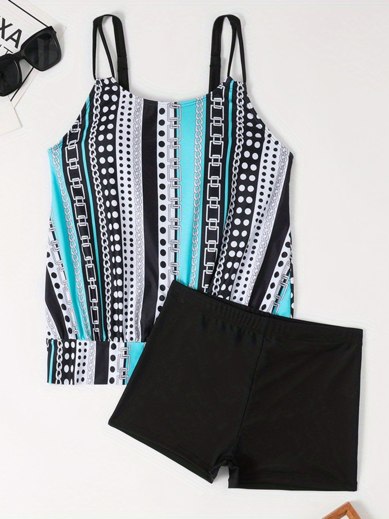 Striped & Polka Dot Print Tankini Sets, Round Neck High-Stretch Boxer Short Bottom Two Pieces Swimsuit