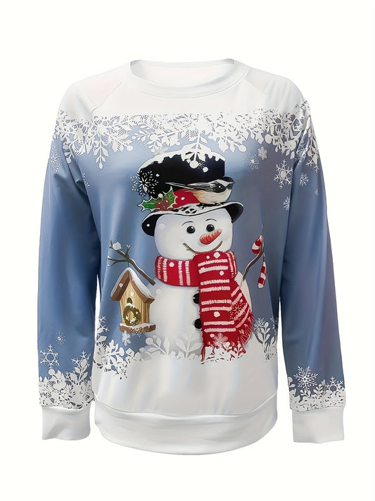 Christmas Snowman Print Sweatshirt, Casual Long Sleeve Crew Neck Sweatshirt