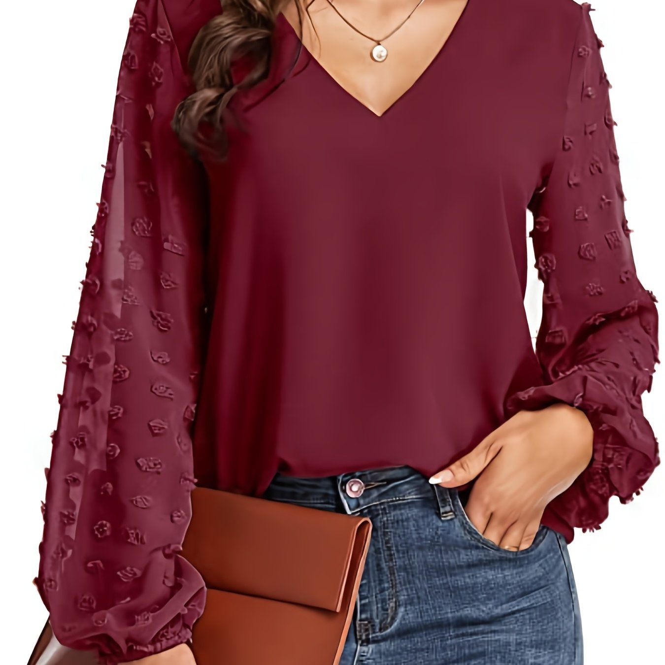 Swiss Dot Sleeve Shirt, Casual V Neck Solid Shirt