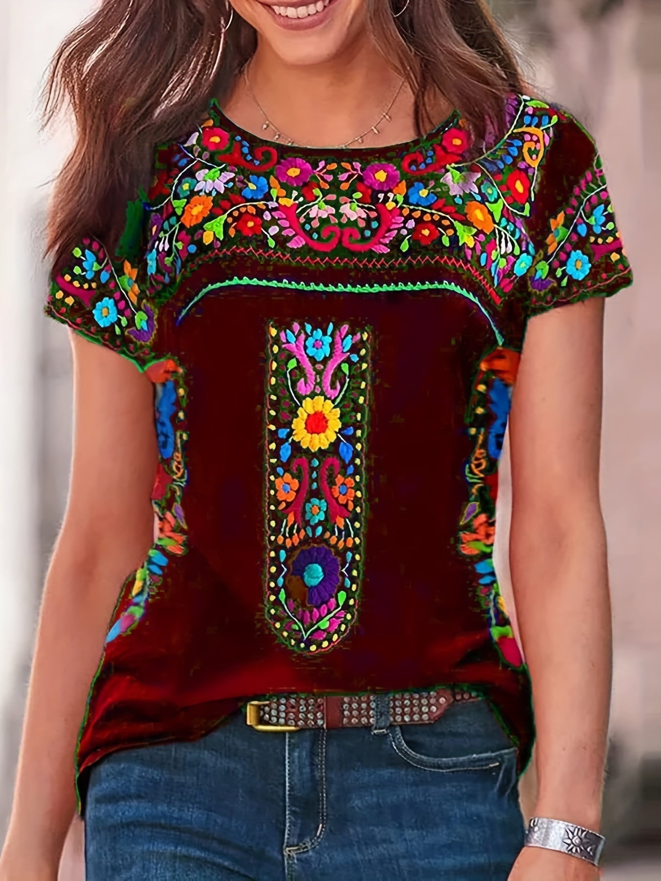 Floral Print Ethnic T-shirt, Boho Crew Neck Short Sleeve Summer T-shirt