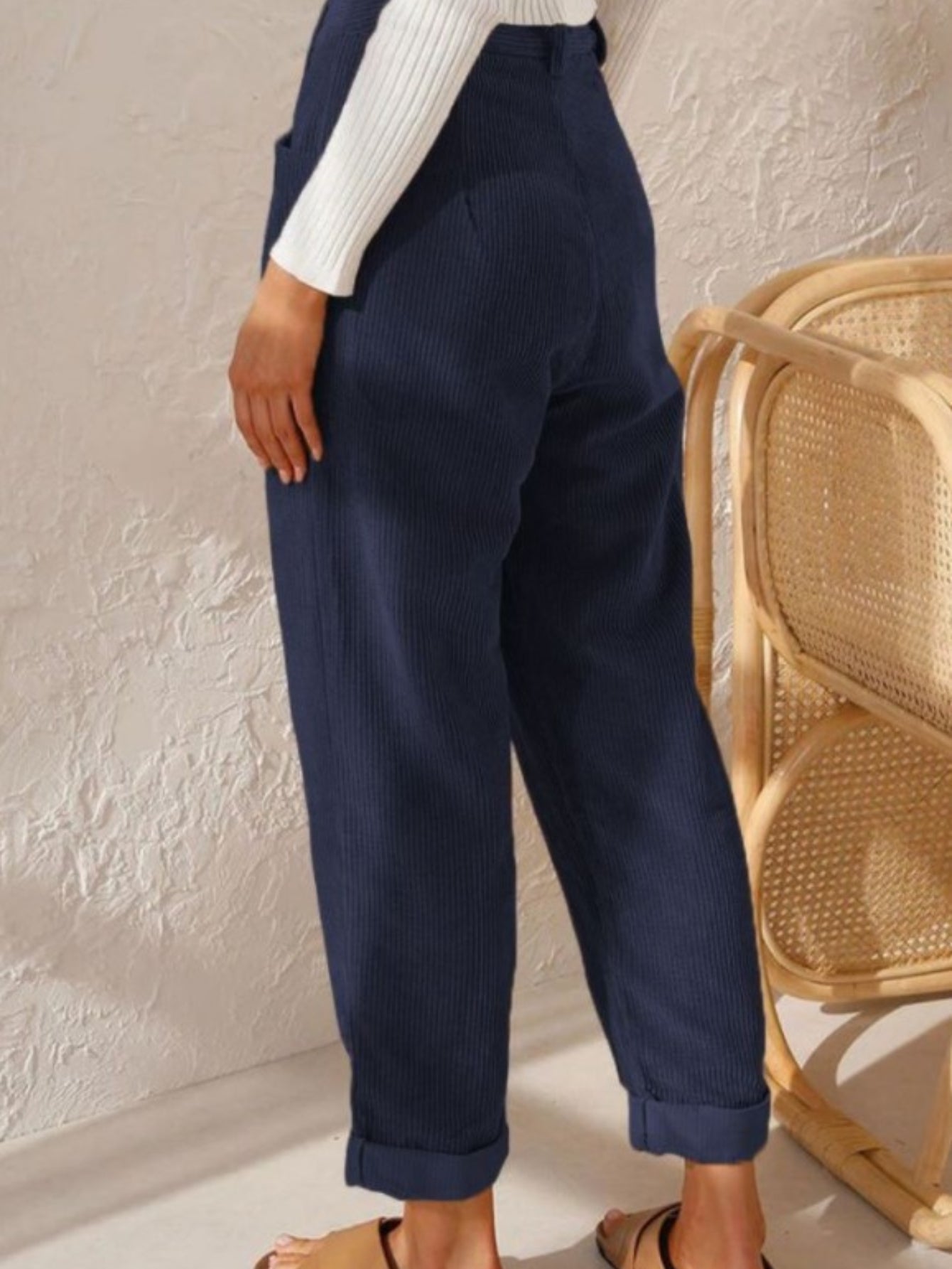Women's High-Waist Corduroy Pants - Casual Solid Color, Loose Fit Straight Leg with Pockets
